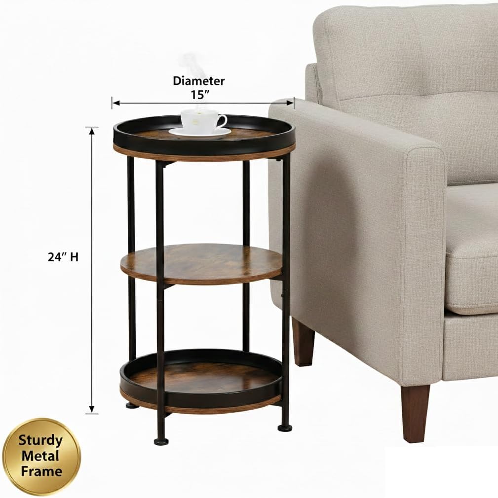 Dulcii Side Table, Round End Table with 3 Storage Shelves for Living Room, Bedroom, Nightstand with Steel Frame for Small Spaces, Industrial Round Sofa Table, Outdoor Accent Coffee Table, Rustic Brown