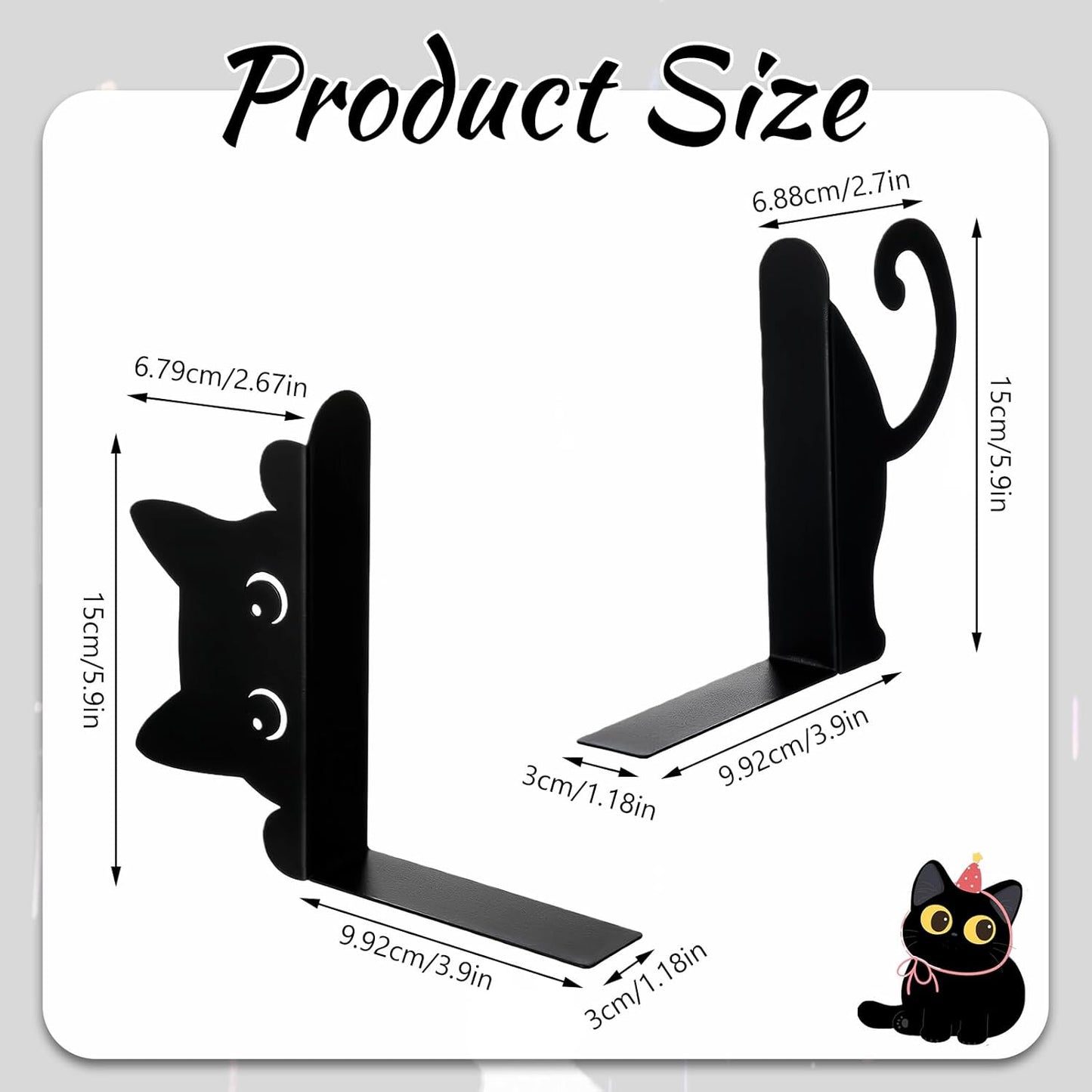 Peeping Cat Black Metal Bookends，Book Ends for Shelves Decorative，Cute Book Stopper for Office Home Desk Bookshelf Decor，cat Decor for cat Lovers