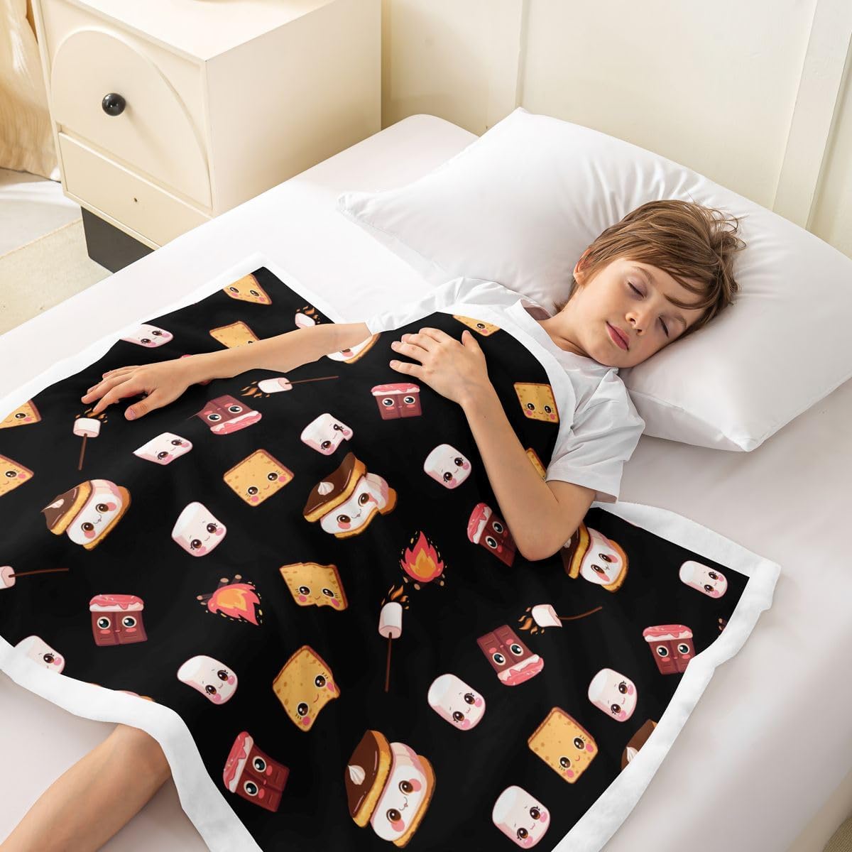 Marshmallow Fleece Throw Blanket 40"x50" Cute S'Mores Plush Blanket for Bed Sofa Couch Boys Cute Cookie Sherpa Blanket Camper Outdoor Adventure Fuzzy Blanket Room Decor