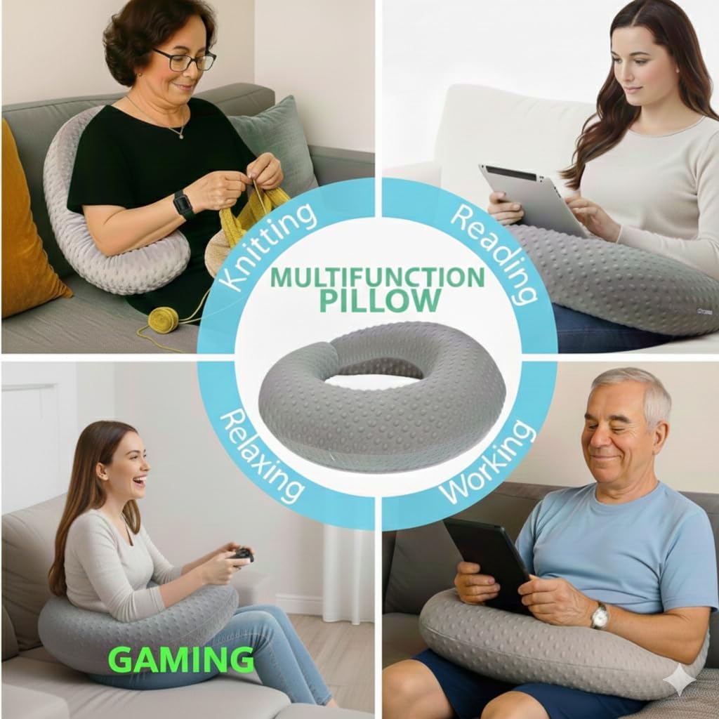Gaming Pillow for Lap and Arm Rest Support – Crochet Reading Cushion with Arms, Bed Rest & Couch Back Support for Adults (2 Covers, Purple+Grey)