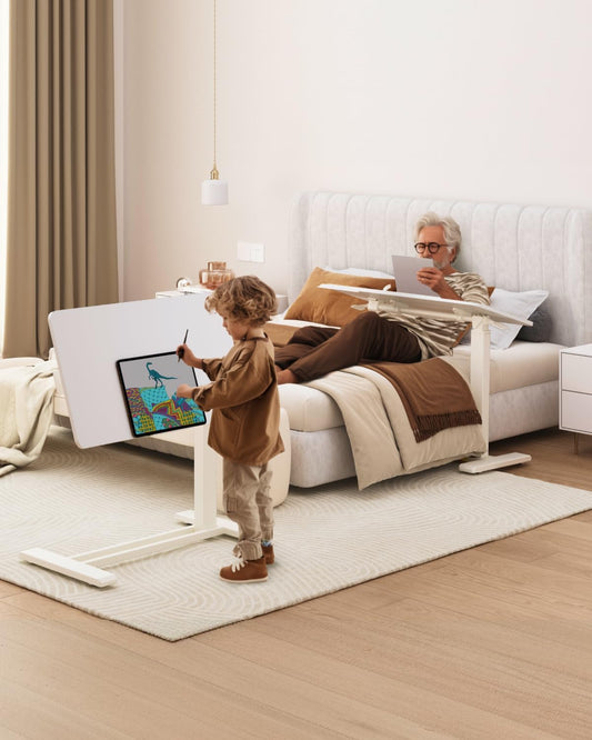 FLEXISPOT H7 PRO Mobile Standing Desk Adjustable Overbed Table Pneumatic with Wheels 90°Tiltable Portable Laptop Desk Rolling Computer Cart Foldable Bedside Table(27.6" W x 15.7" D, White)