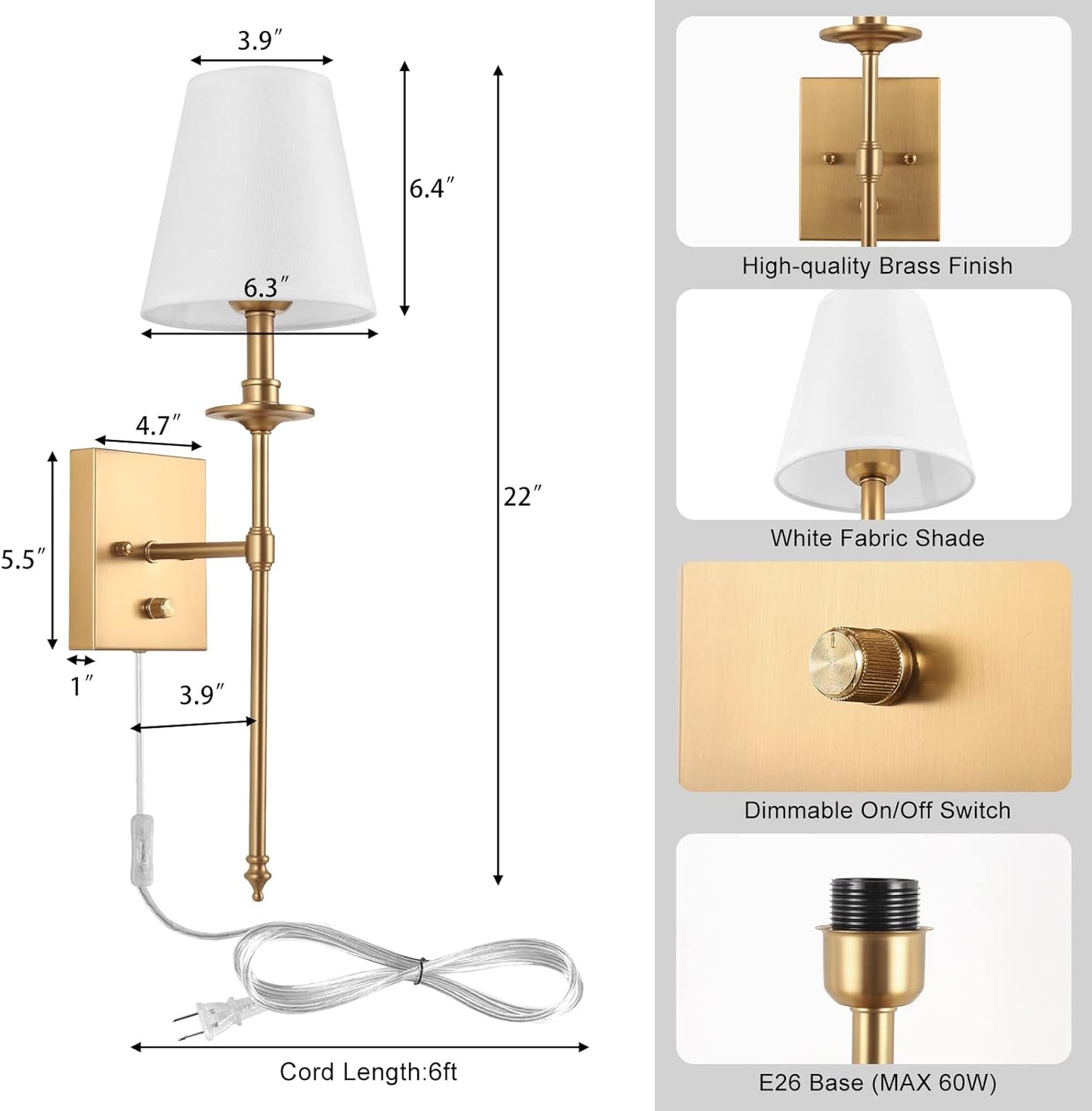 Dimmable Wall Sconces Set of Two, Plug in Wall Sconces White Fabric Shade, Wall Lamp for Bedroom, Living room, Plug in Wall Light Sconces Wall Decor Set of 2, LED Bulbs Included, Antique Brass