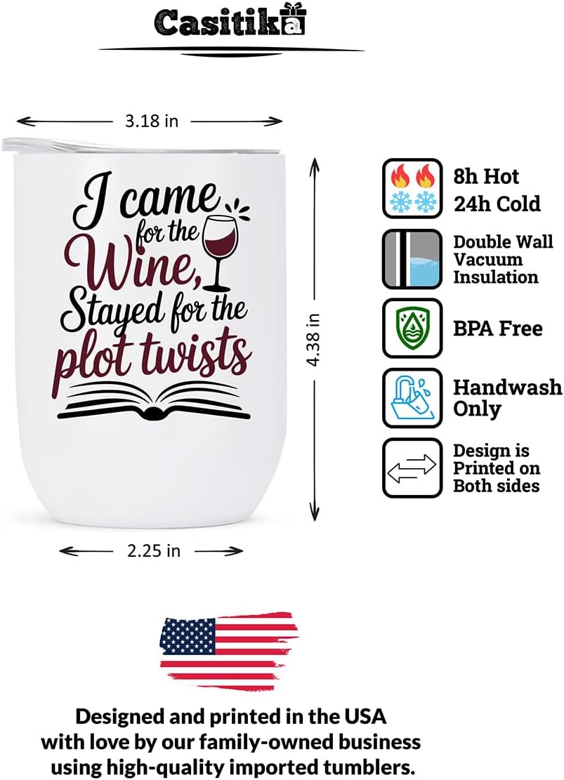 Book club gifts for women. 12oz Bookclub Wine Tumbler with Lid, Funny Bookish Cup for Book Lovers, Unique Gift Idea for Wine Nights and Literary Get-Togethers.