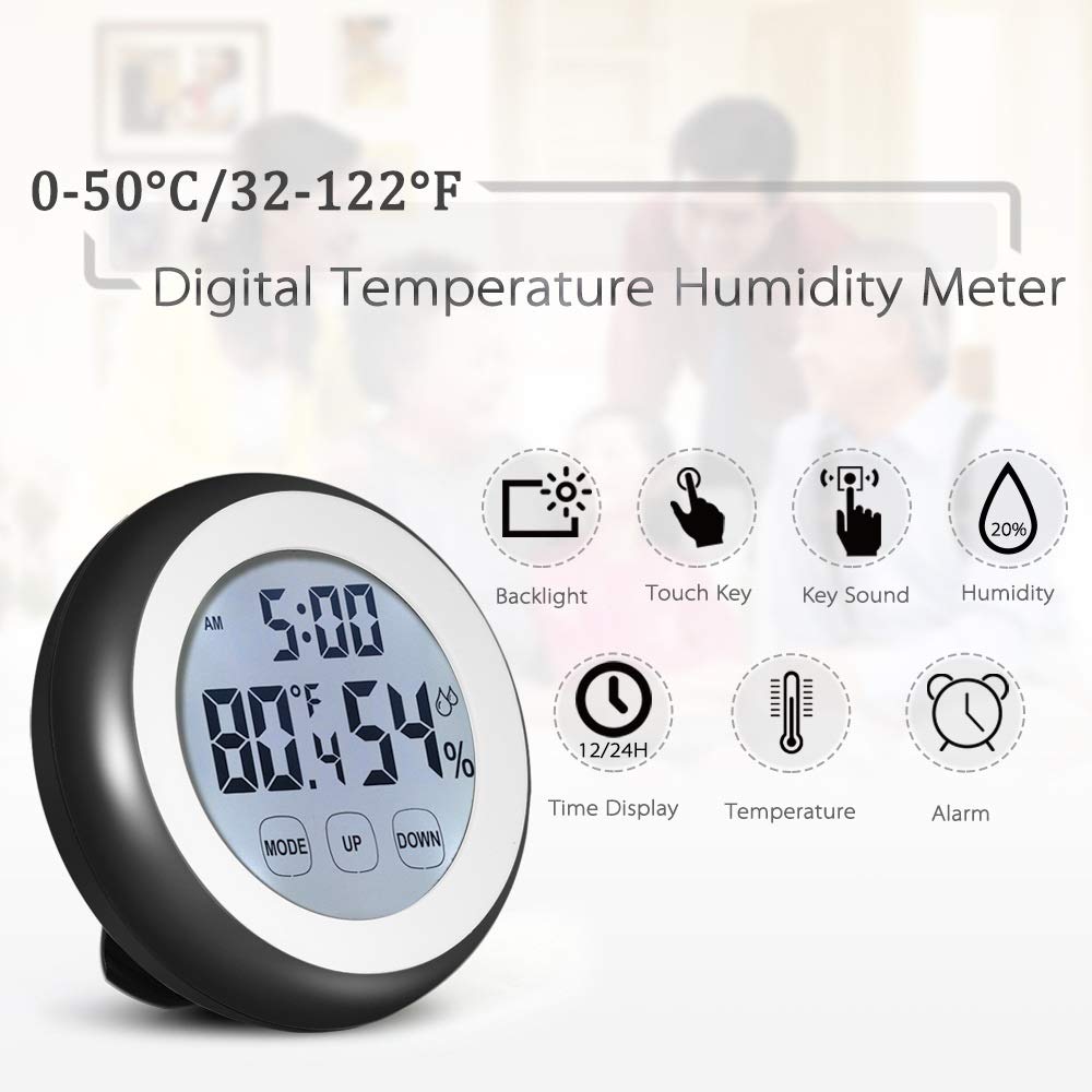 Digital Thermometer Hygrometer Temperature Humidity Meter Alarm Clock Touch Key with Backlight Centigrade/Fahrenheit Degrees