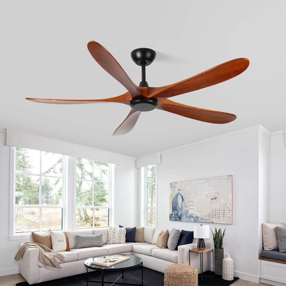 60 inch Wood Ceiling Fan No Light,Low Profile Ceiling Fan without light,6-Speed Noiseless DC Motor Reversible,Timer,Remote Control for Bedroom Living Room Outdoor Patio Porch