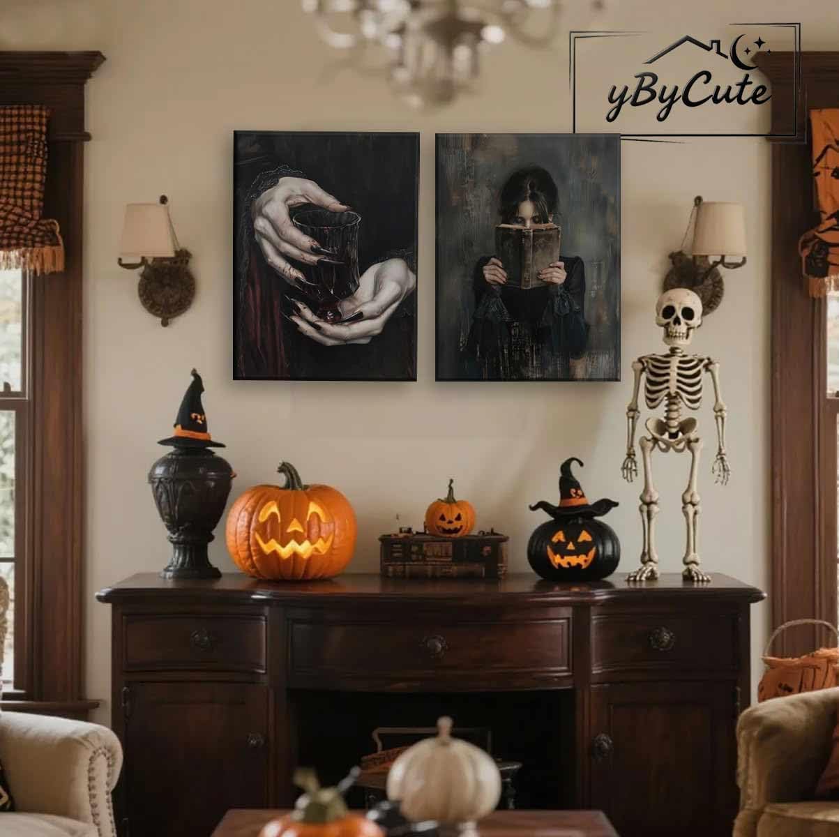 2 Pieces Gothic Canvas Wall Art Dark Academy Vampire Pictures Victorian Woman Reading Magic Book Posters Claw Hand Dracula Prints Moody Girl Witch Ghost Paintings Bedroom Library Classroom Office Home Decor 12"X16" Framed.