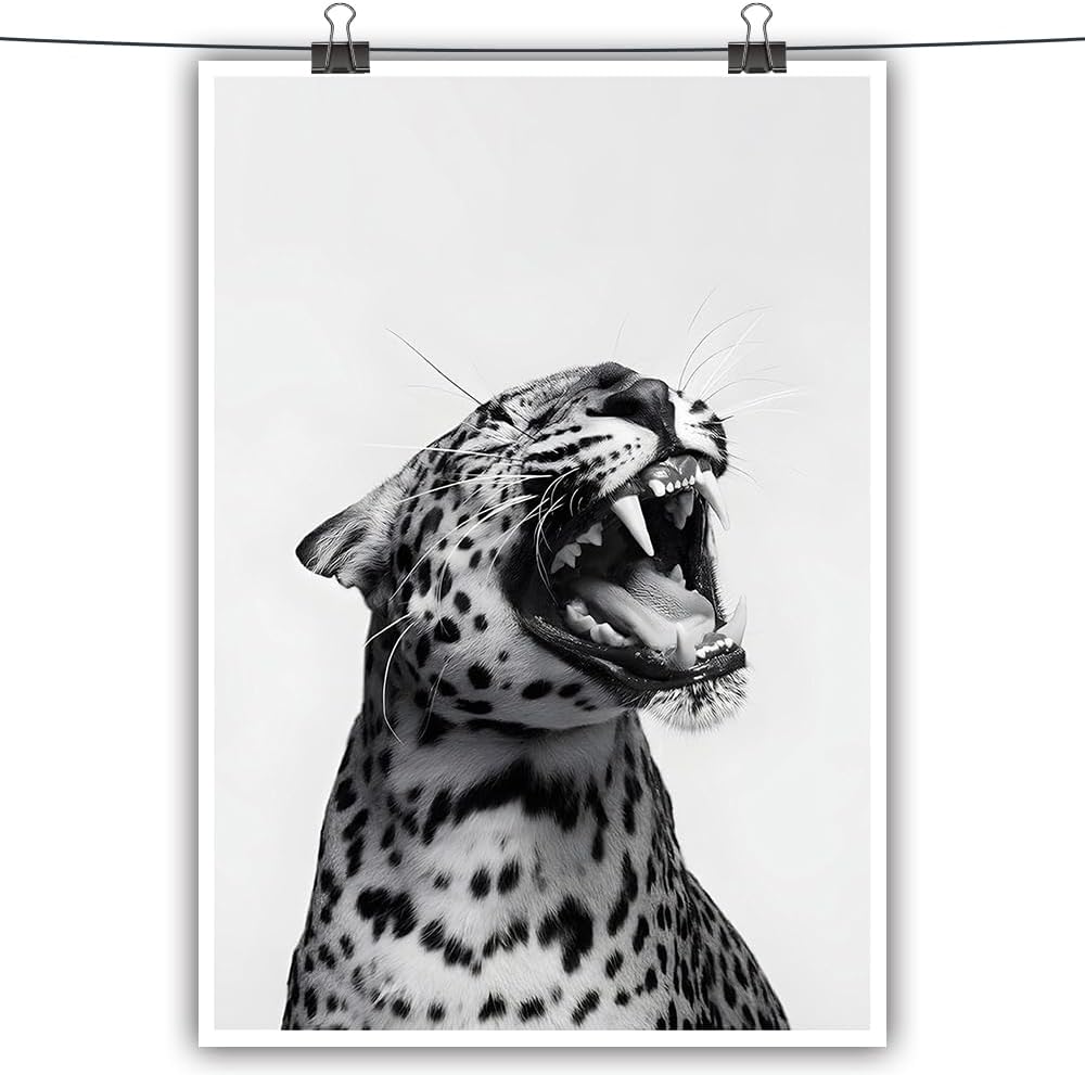 Funny Animal Posters Black and White Leopard Roaring Wall Art Vintage Cheetah Decor Trendy Print Canvas Eclectic Wildlife Aesthetic Prints for Living Room Bedroom Bathroom Poster 16x24in Unframed