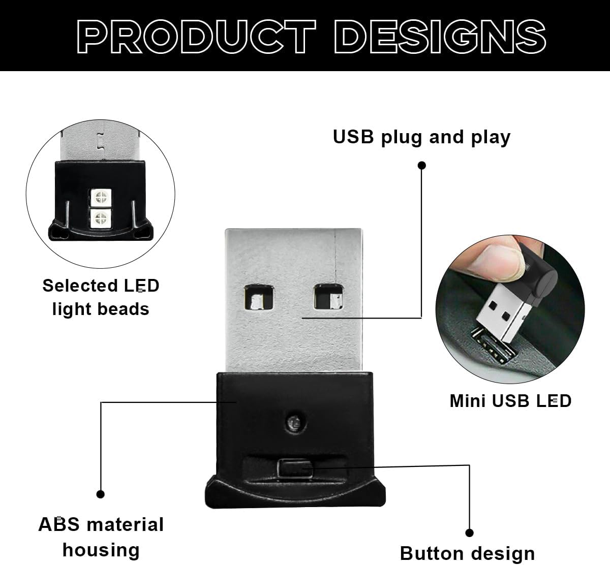 2PCS Mini USB LED Light, Portable RGB Car Interior Atmosphere Lamp, Adjustable 8 Colors Bright Plug-in USB Interface Ambient Light for Home Office Decoration, Car Accessories