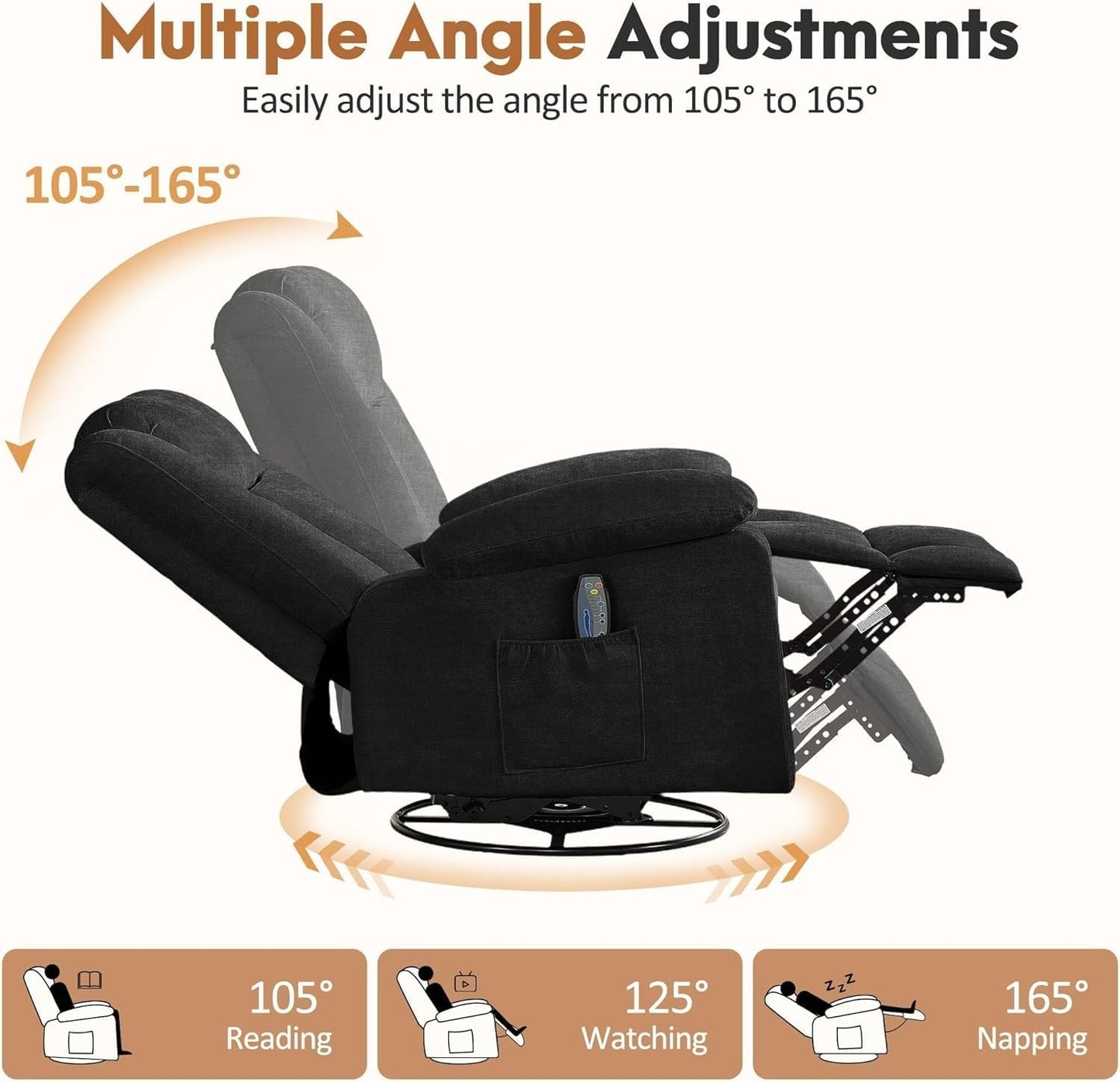 360 Swivel Rocker Recliner Chair with Massage and Heating Side Pockets Manual Reclining Chairs Remote Control for Living Room Bedroom Nursery