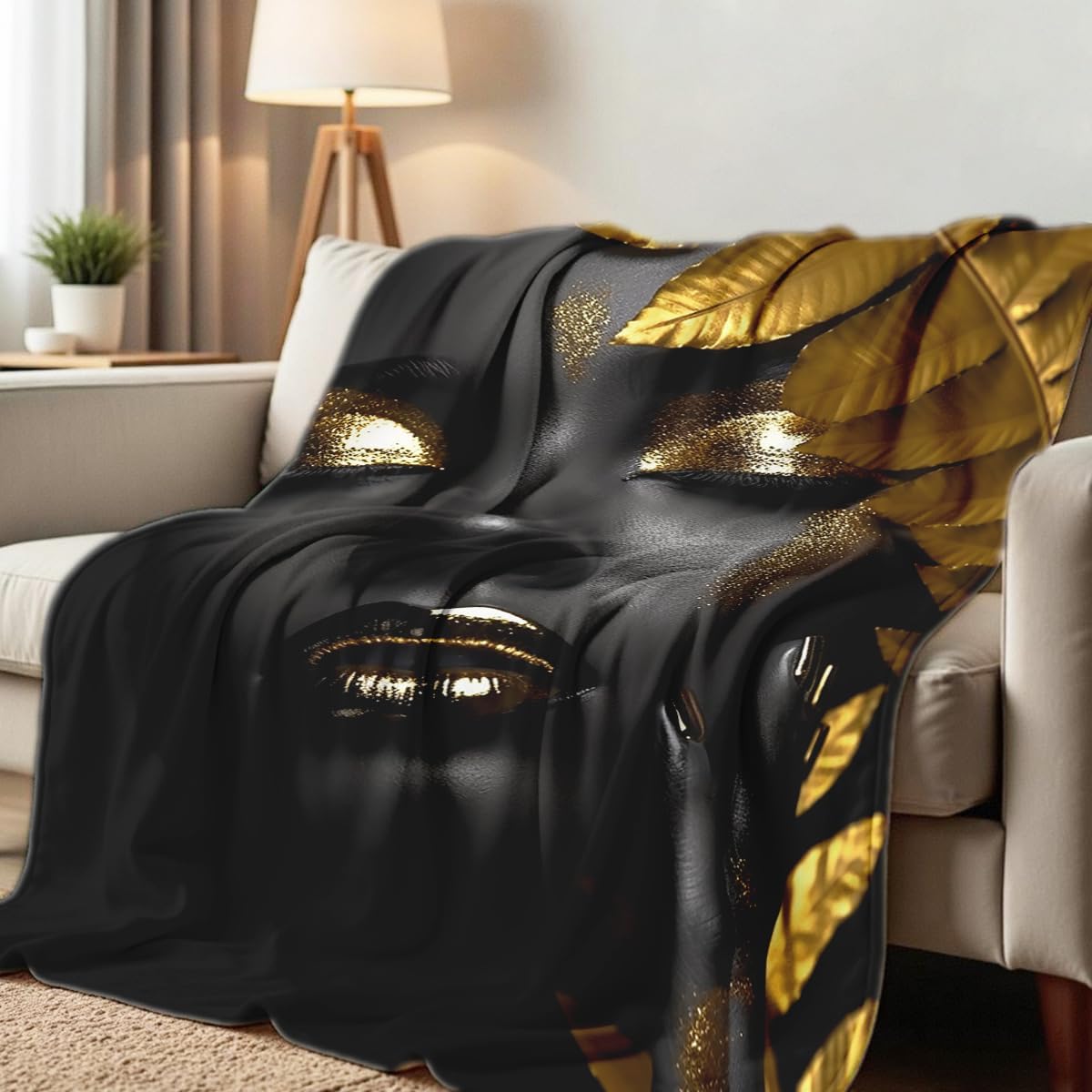 African American Woman Blanket Throw Black Gold Print Flannel Blanket Gifts for Girls Female Women African American Couch Bed Living Room Home Decor 49"x59"