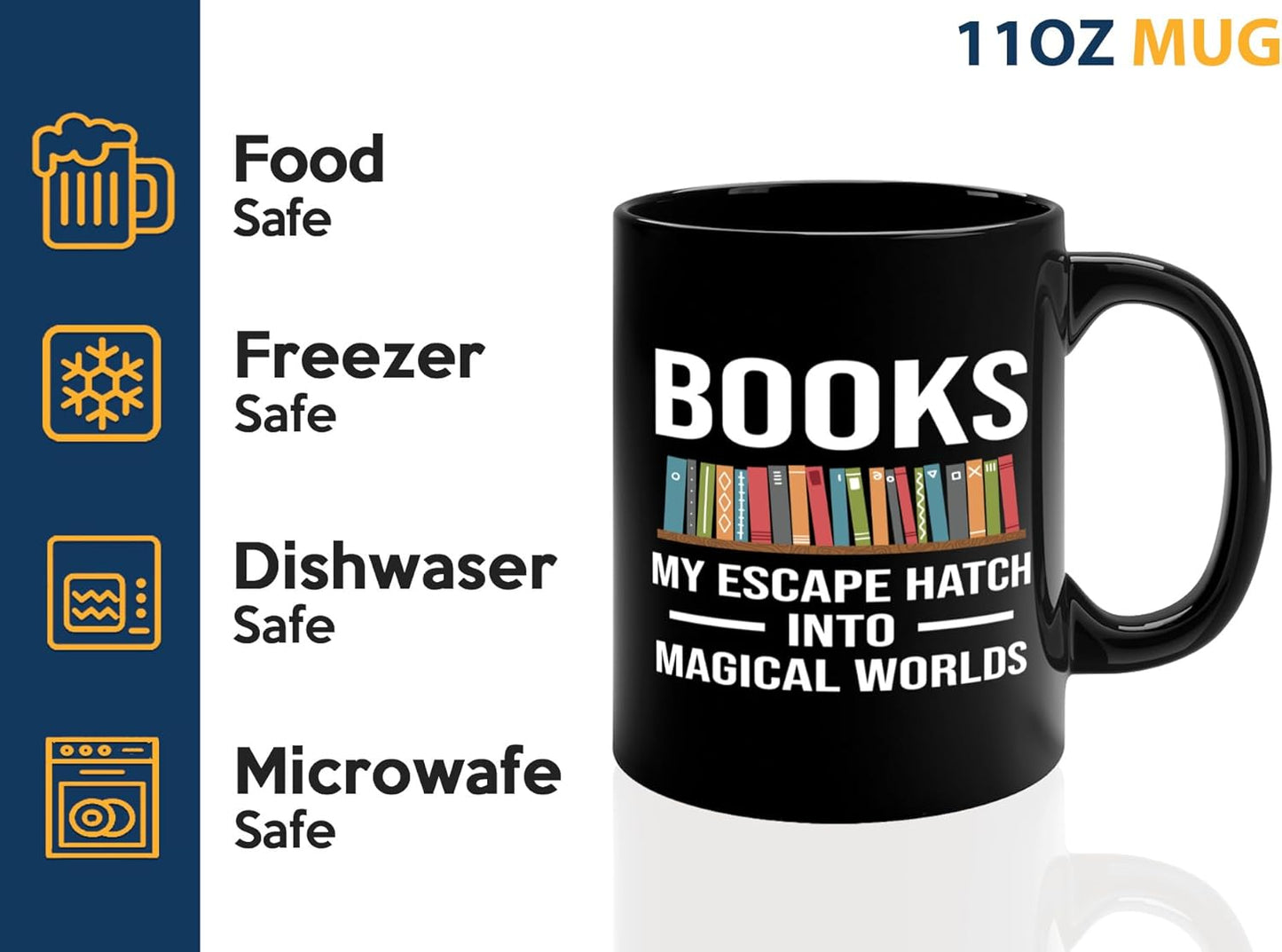 Book Lover Coffee Mug 11oz Black -Escape Hatch - Writer Editor Bookish Librarian Bibliophile Bookish Grammar Philosophers