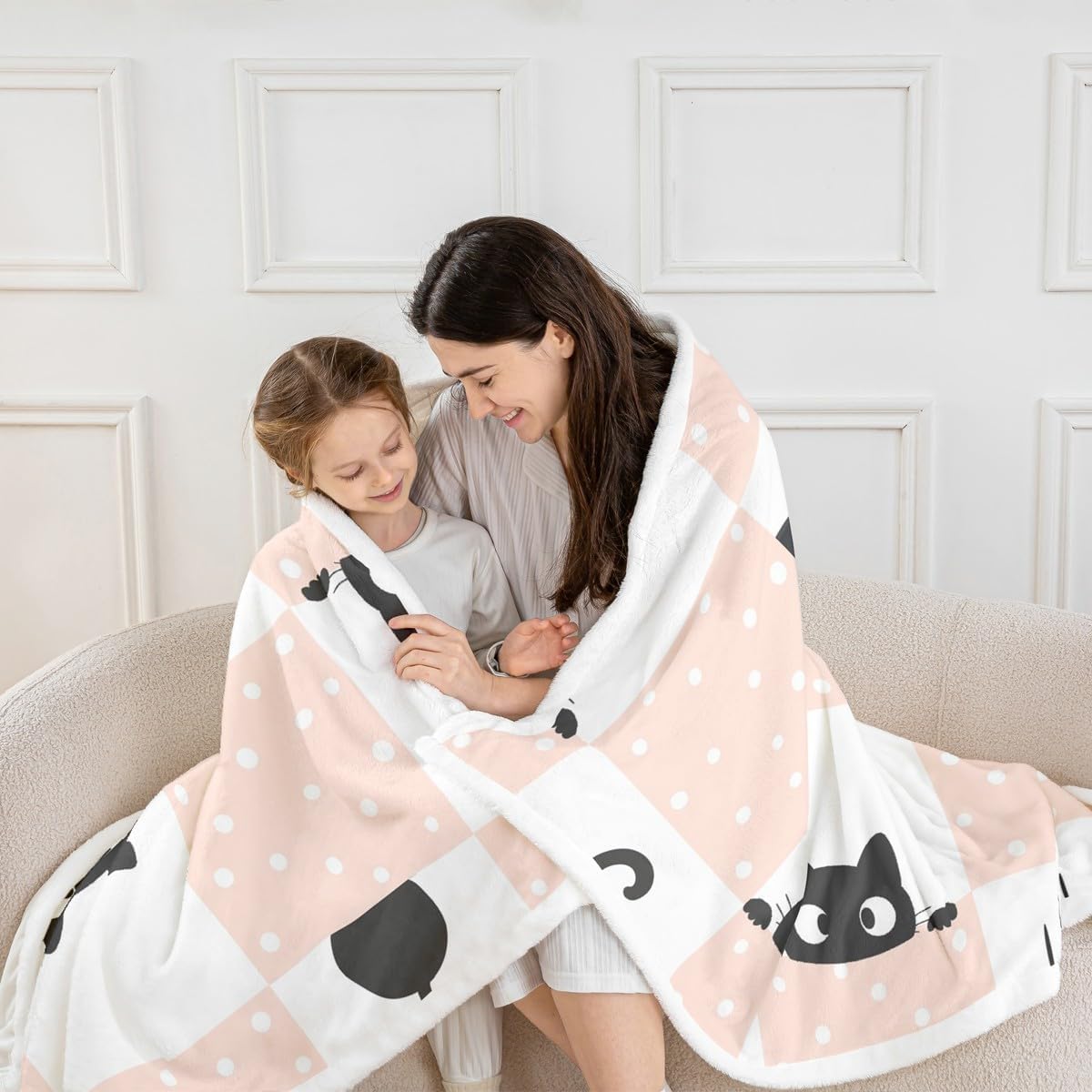 Black Cute Cat Throw Blanket,Pink Geometric Grid Blankets for Kids Girls Boys Teens Room Decor Cartoon Pet Animals Fleece Blanket Soft Boho Dots Fuzzy Blanket,for Chair/Sofa,50"x60"