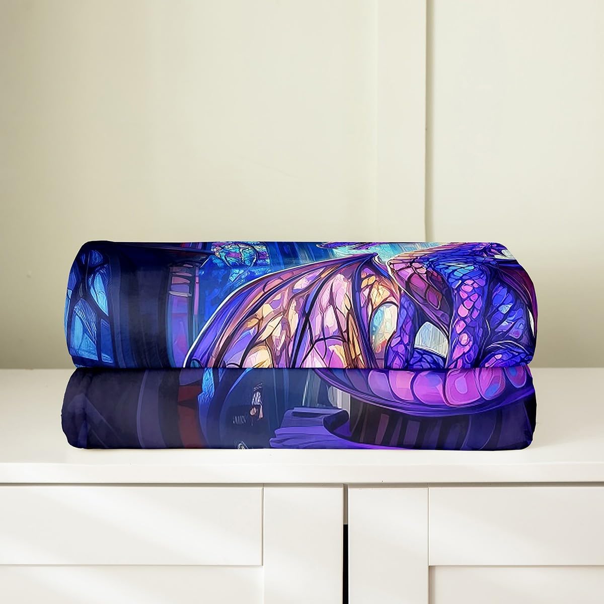Western Dragon Kids Flannel Blanket,Flying Wing Purple Dragon Bed Blanket for Boys Girls,Castle Tale Trippy Animal Geometric Fleece Blanket,Blue Christmas Fuzzy Blanket,Queen Size (90 x 90 Inches)