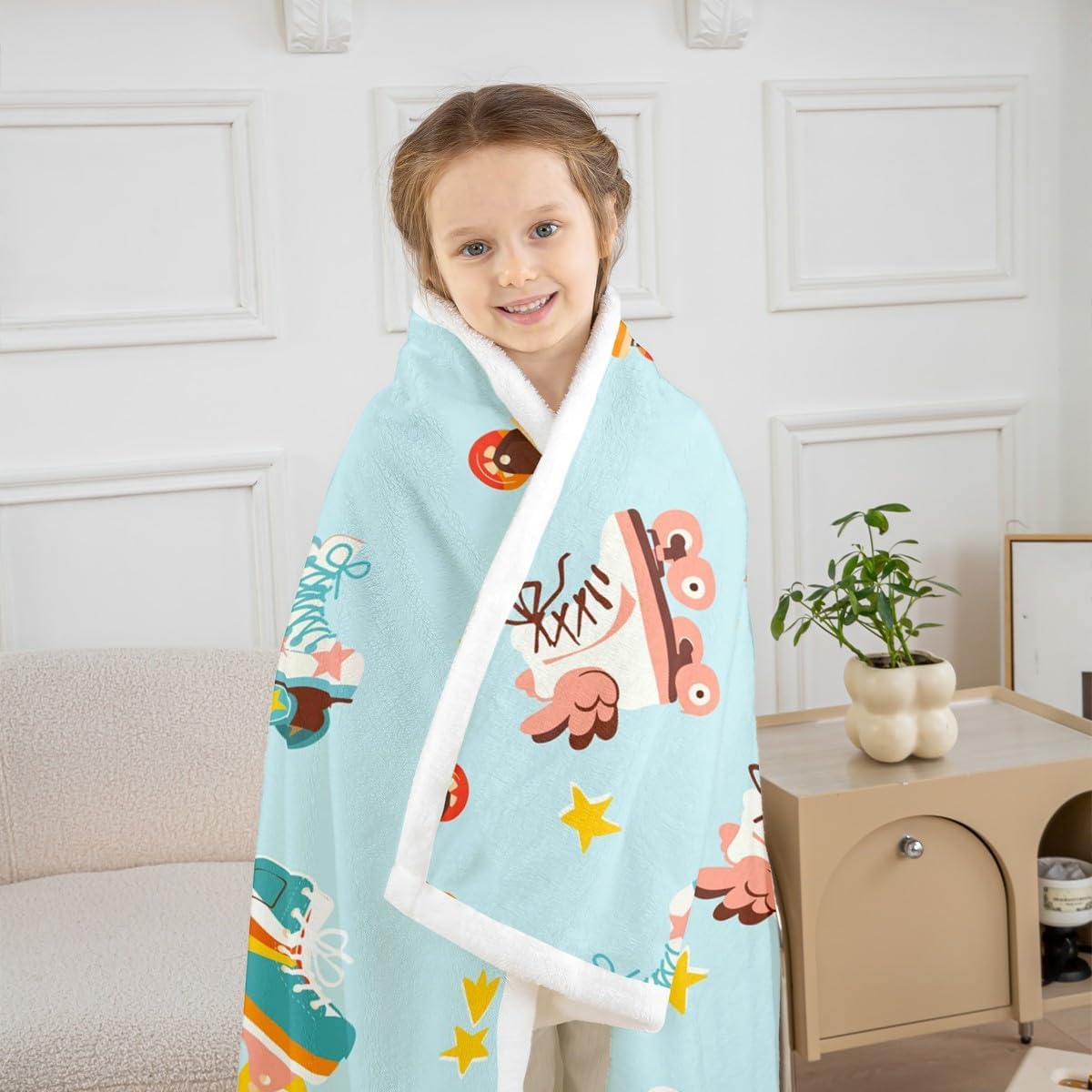 Manfei Skating Kids Throw Blanket,Roller Skates Winter Sports Games Bed Blanket for Boys Girls Adults,Rainbow Light Stars Cartoon Fleece Blanket,Blue Cute Fuzzy Blanket,Throw Size (50 x 60 Inches)