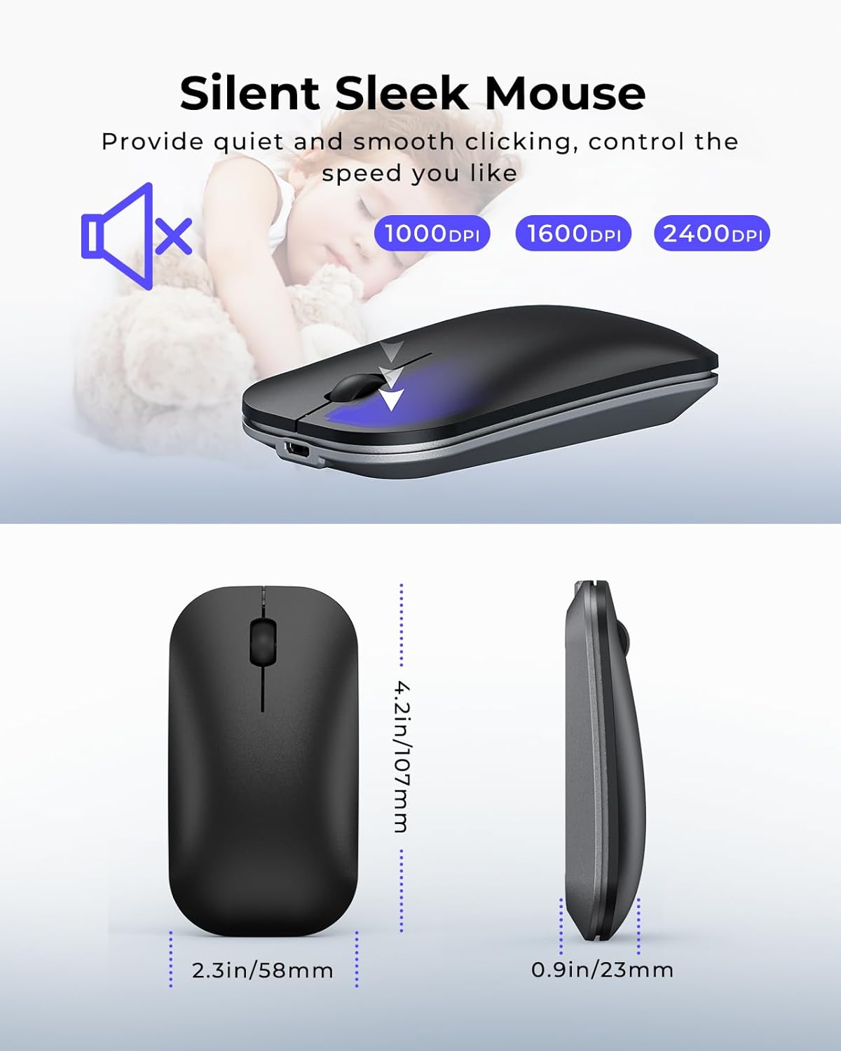seenda Wireless Bluetooth Keyboard and Mouse Combo, SKM64-3 Rechargeable Slim Quiet Keyboard Mouse, 3 Multi-Device Connection, Compatible for Windows, Mac, MacBook, iPad, Tablet, Black Gray