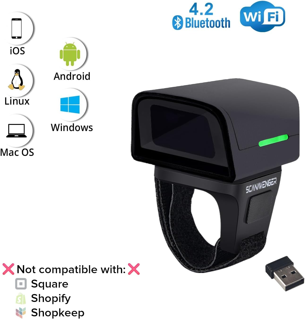 ScanAvenger 1D 2D QR Ring Barcode Scanner – Wearable Mini Bluetooth Wireless Finger Reader, USB & 2.4GHz, Compatible with iOS, Android, Windows, for Warehouse, Store & Inventory Use