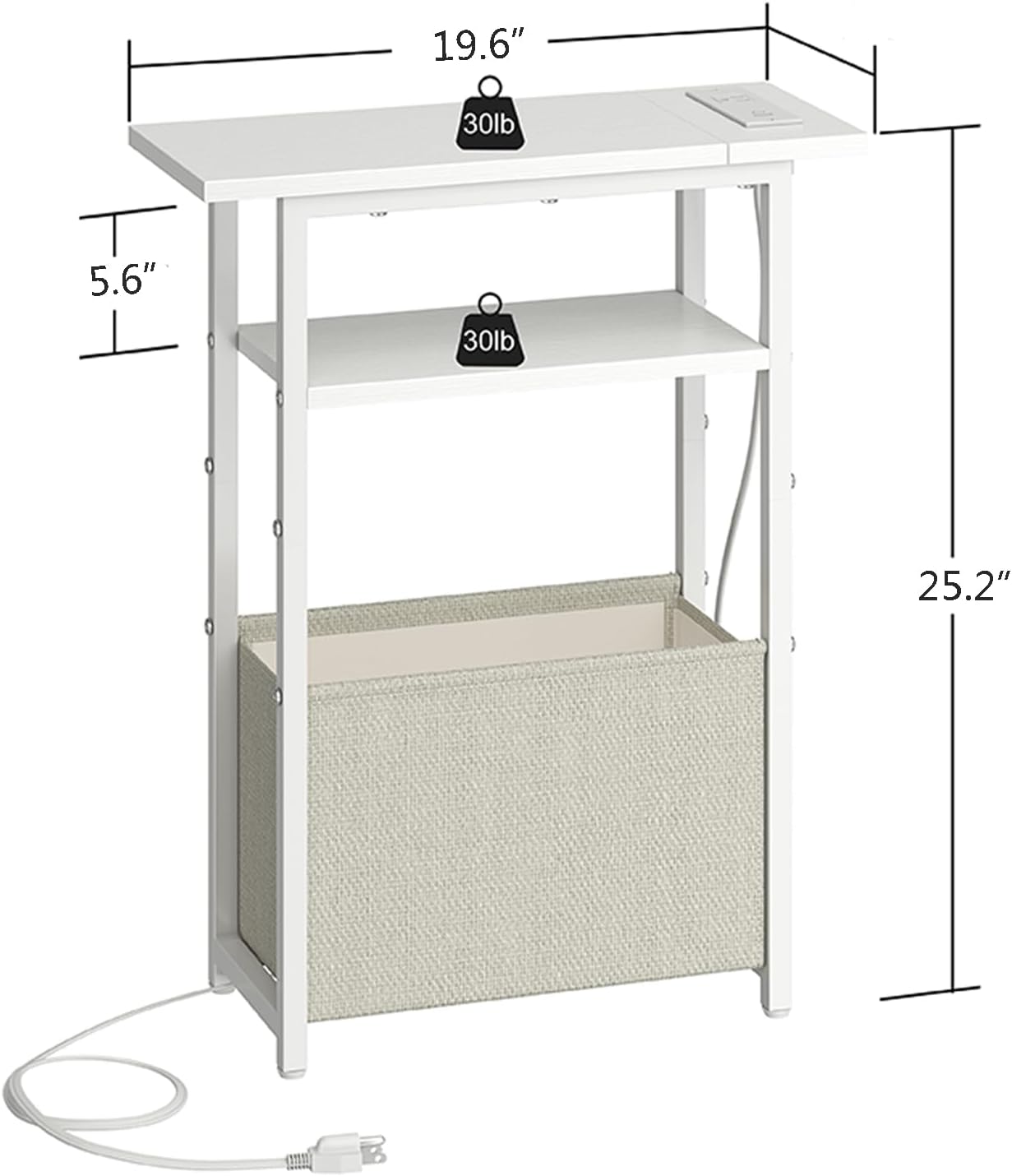 Narrow Side Table with Charging Station, Small End Table for Small Spaces, Skinny Nightstands with Storage Basket, 3 Tier Sofa Couch Bedside Tables for Living Room,Bedroom, White