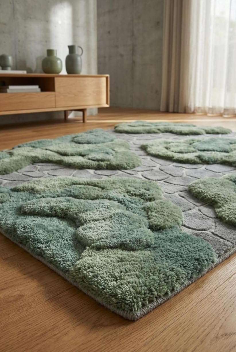 3D Pebble Stone Area Rug, Green Beige and Blush, Fluffy Tufted, Irregular Shape, Living Room Decor (Green with Grey, 8' x 10' Feet)