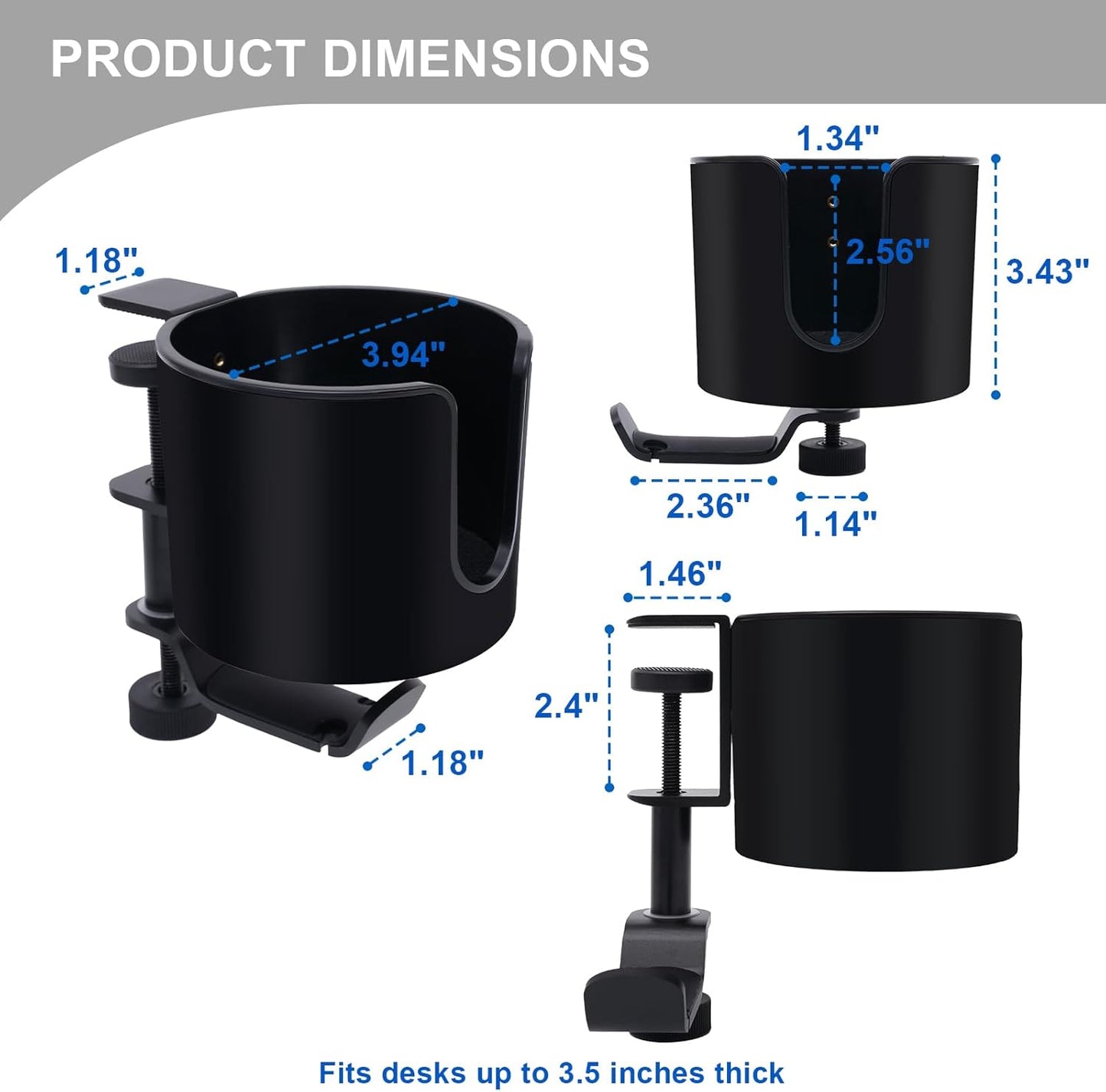 Clamp-On Desk Cup Holder with 360° Rotating Hook – Anti-Spill Drink Holder with No-Scratch Silicone Pads, Fits Mugs & Tumblers – for Home Office, Gaming, Camping & Outdoor Tables