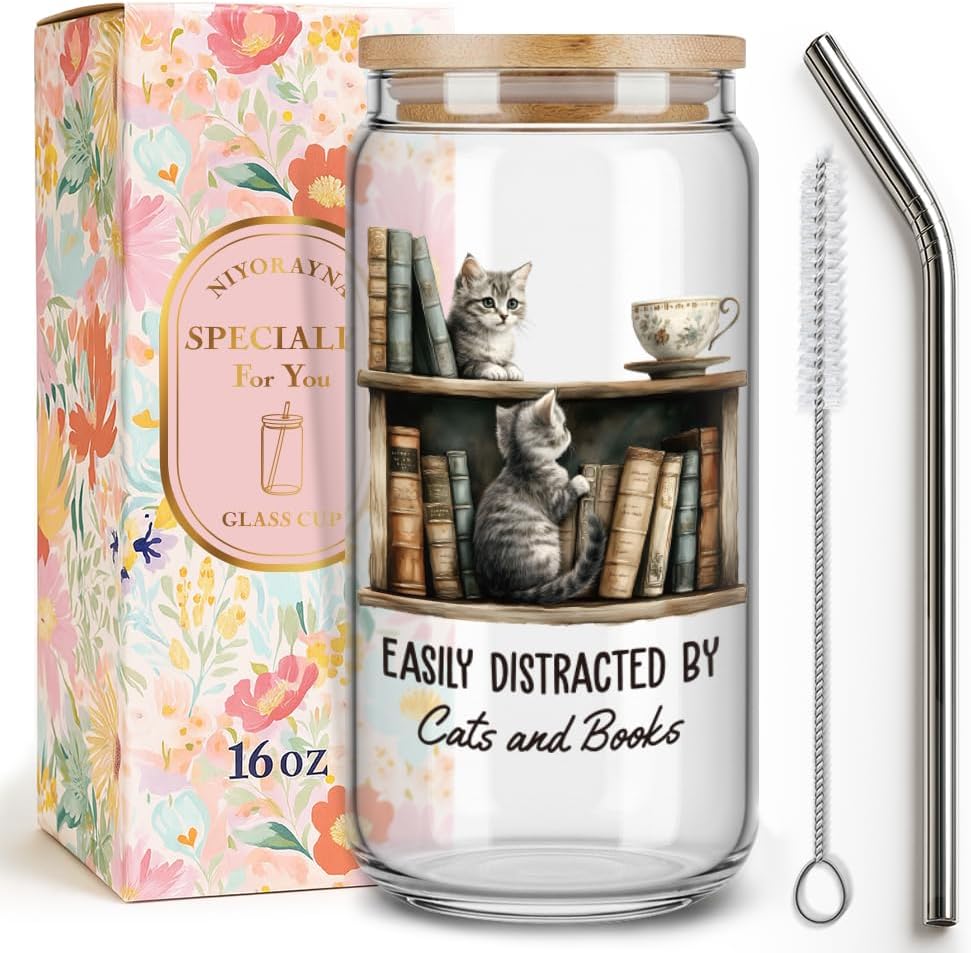 Cute Book Cat Bookish Gifts for Women,Friend,Sister,Reader,Librarian, Book Club GIfts,Best Cats Lover Gift for Cat Lady Mom, Books Mug Gift for Birthday,Christmas,Easily Distracted by Cats Books-126