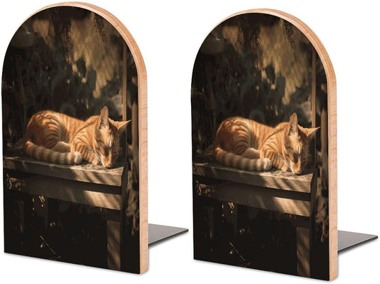 Orange Cat Sleeping Bookend for Shelves Wooden Book End Large Size Sturdy Book Holders Stoppers with Metal Base for Bookshelves Slick Decorative Bookends Stands