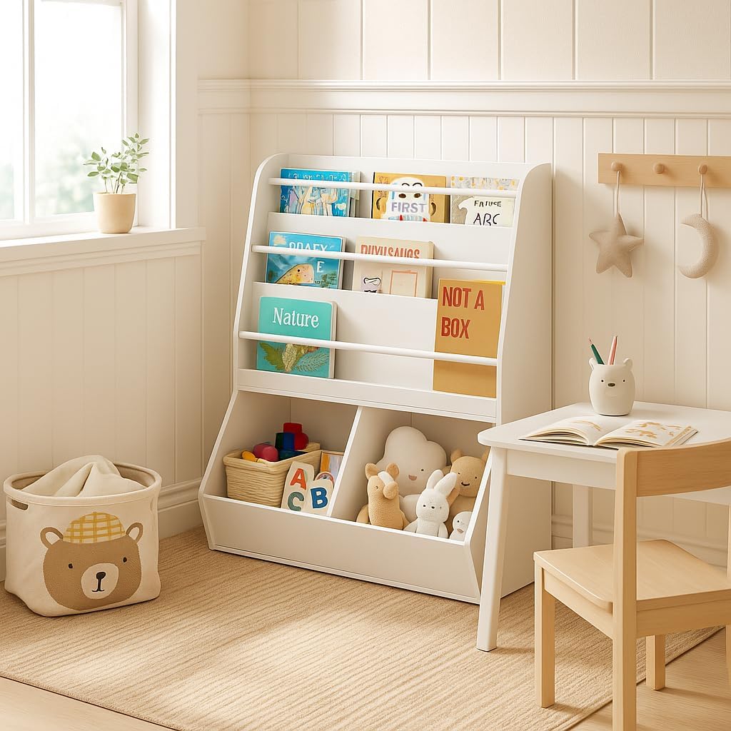 UTEX Kids Bookshelf and Toy Storage, Toy Storage Organizer and Book Rack, Toddler Bookshelves Display Stand, Book Shelf for Kids Rooms, Nursery, Bedroom, White