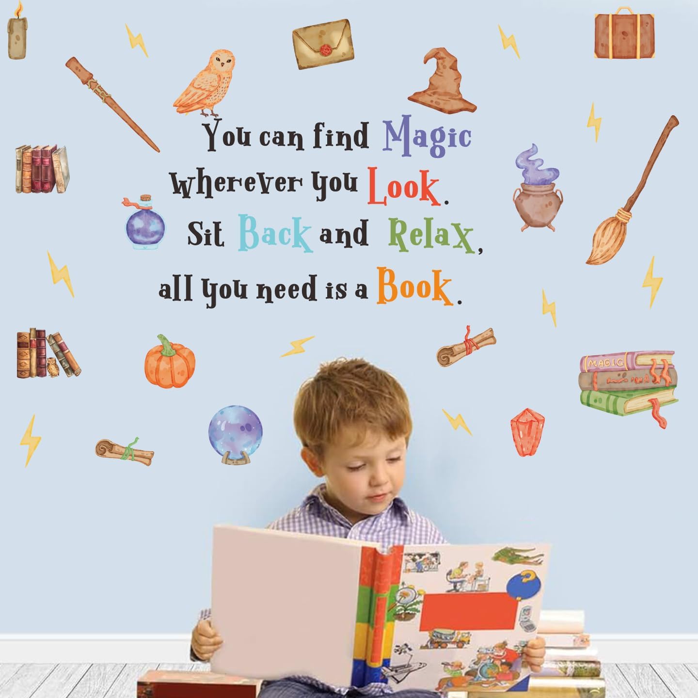Magic Reading Book Wall Decal, You Can Find Magic Education Inspirational Quote Vinyl Wall Stickers, Removable Watercolor Reading Artwork for Kindergarten Classroom Llibrary Playroom Decor
