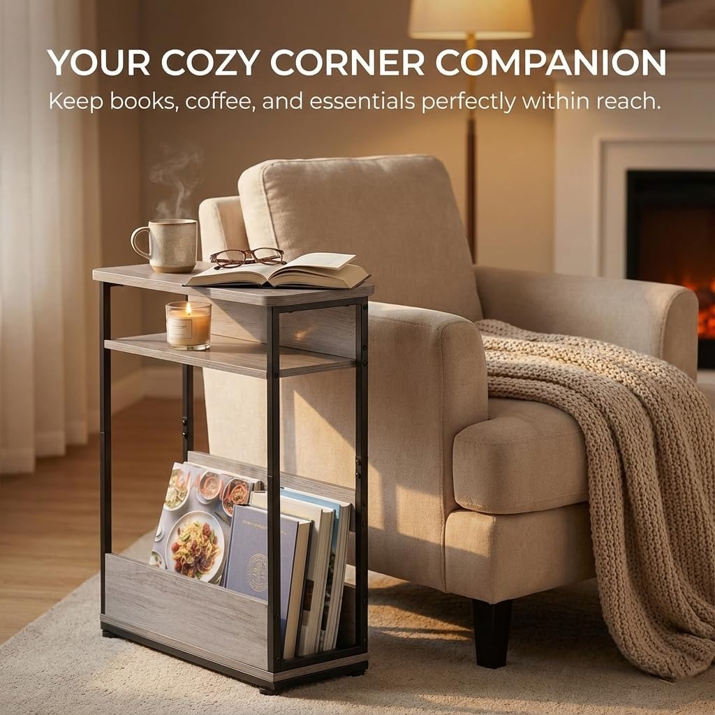 Narrow Side Table,3-Tier Slim End Table with Storage Shelf,Modern Sofa Table Thin Side Table for Narrow and Small Spaces, Skinny Bedside Table Small Nightstand with Magazine Rack Space Saving/Oak