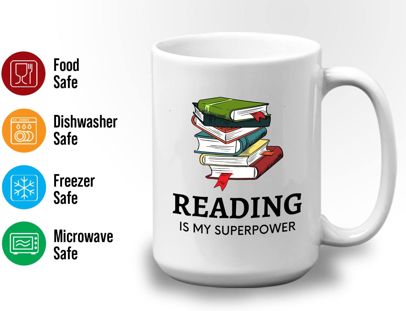 Bubble Hugs Book Lover Coffee Mug 15oz White - Reading Is My Superpower B - Reading Owl Reader Stack of Books Book Lover Bookish Novelist Librarian Writer