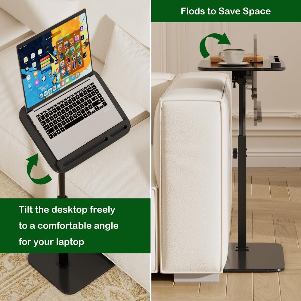 Sofa Side Tray Table for Couch - Set of 2 Adjustable Height 360° Swivel C Table for Sofa & Bed, Use as TV Tray Laptop Stand Snack Table Reading Desk, Fits Eating Working Studying