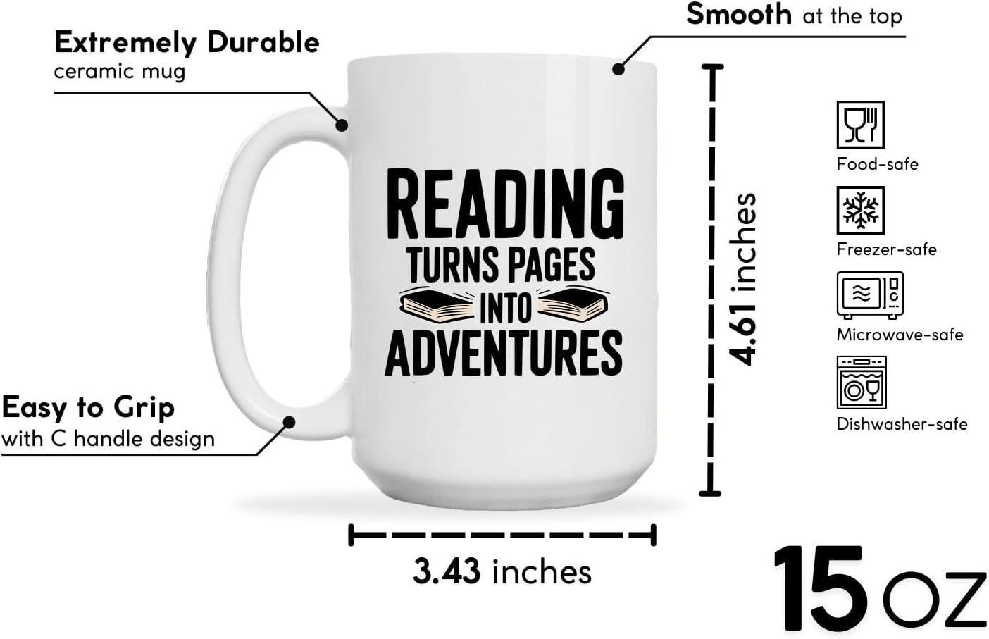 Reader Coffee Mug 15oz White -Reading adventures - Gift for Reader Book Lover Funny Reading Readers Writers Women Bookish Club