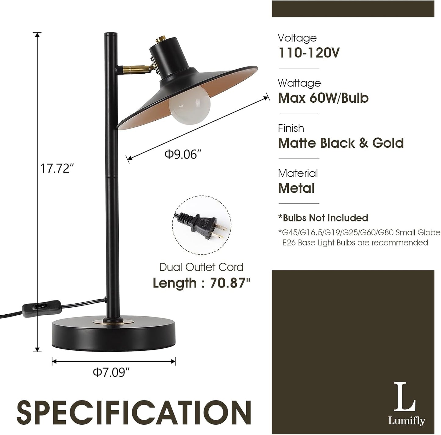 Modern Desk Lamp Black Gold Table Lamp Metal Reading Light with Adjustable Swivel Arm Reading Lamp for Nightstand Bedside Table, Office Desk, Living Room