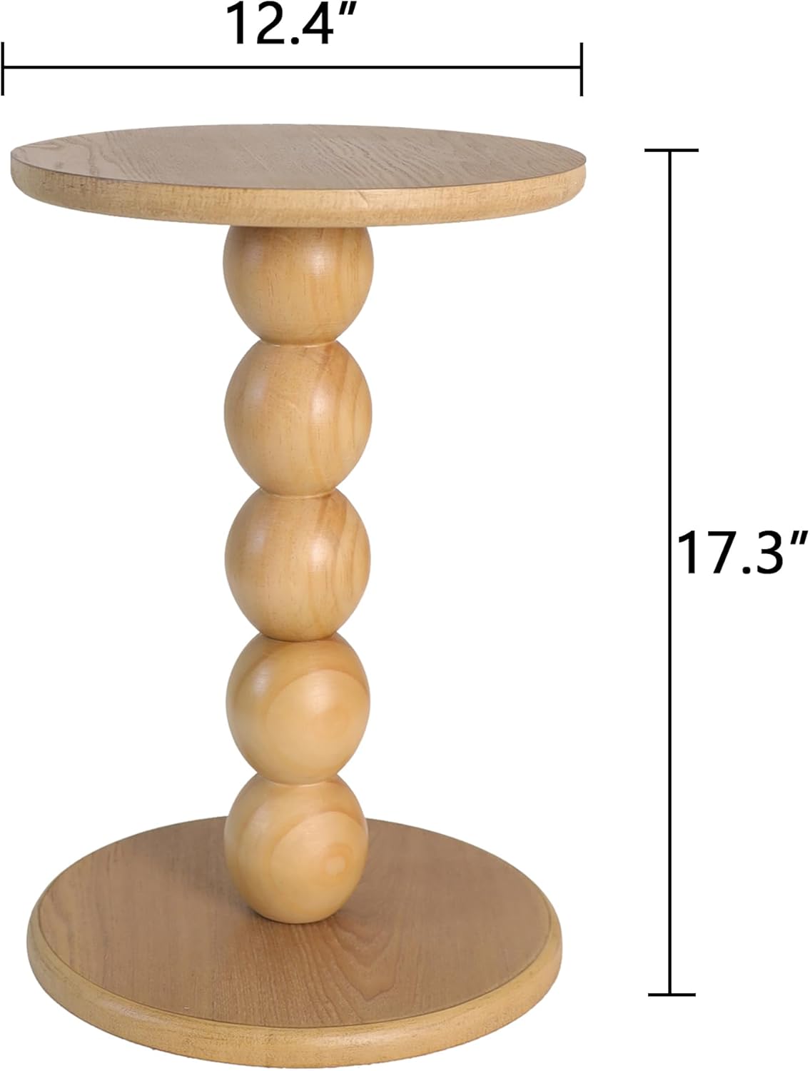 Small Round Wooden Side Table with Stacked Ball Pedestal Base, 12.4 X17.32 Accent Nightstand for Living Room, Bedroom, Corners (Natural)