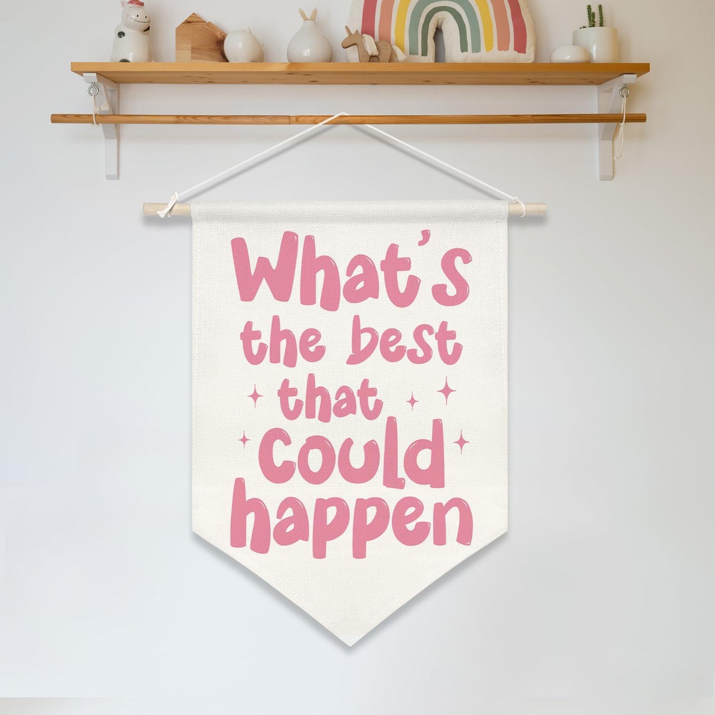 Motivational Quote Canvas Wall Banner – What’s the Best That Could Happen,Retro Pink Inspirational Poster, Wall Hanging Canvas Flag with Wooden Rod for Teen Girl Room, Dorm, Office, Classroom Decor, 11x16 Inch(KD06)