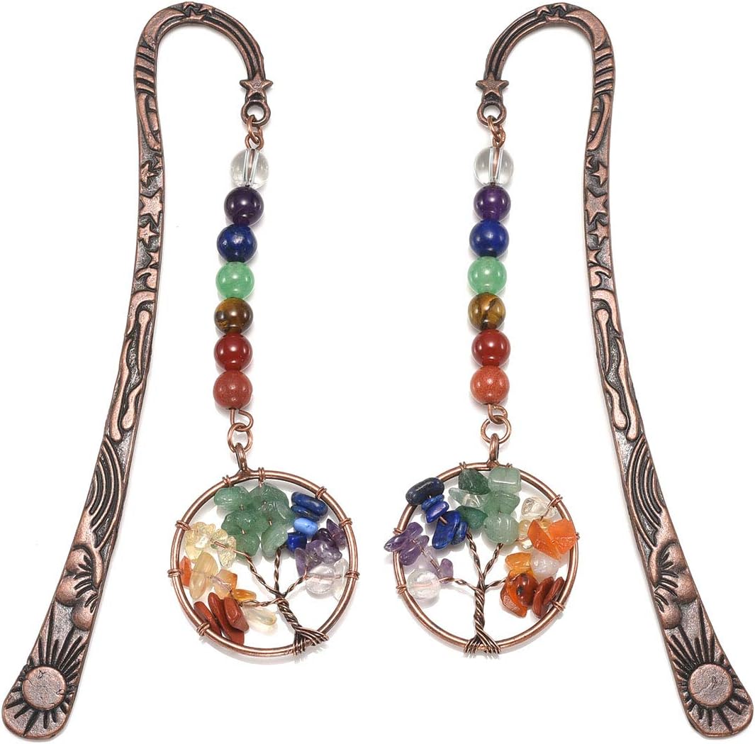 Jovivi Antique Copper Metal Bookmark Beading Bookmarks with Handmade 7 Chakra Healing Crystals Tree of Life Tumbled Gemstones and Round Beads