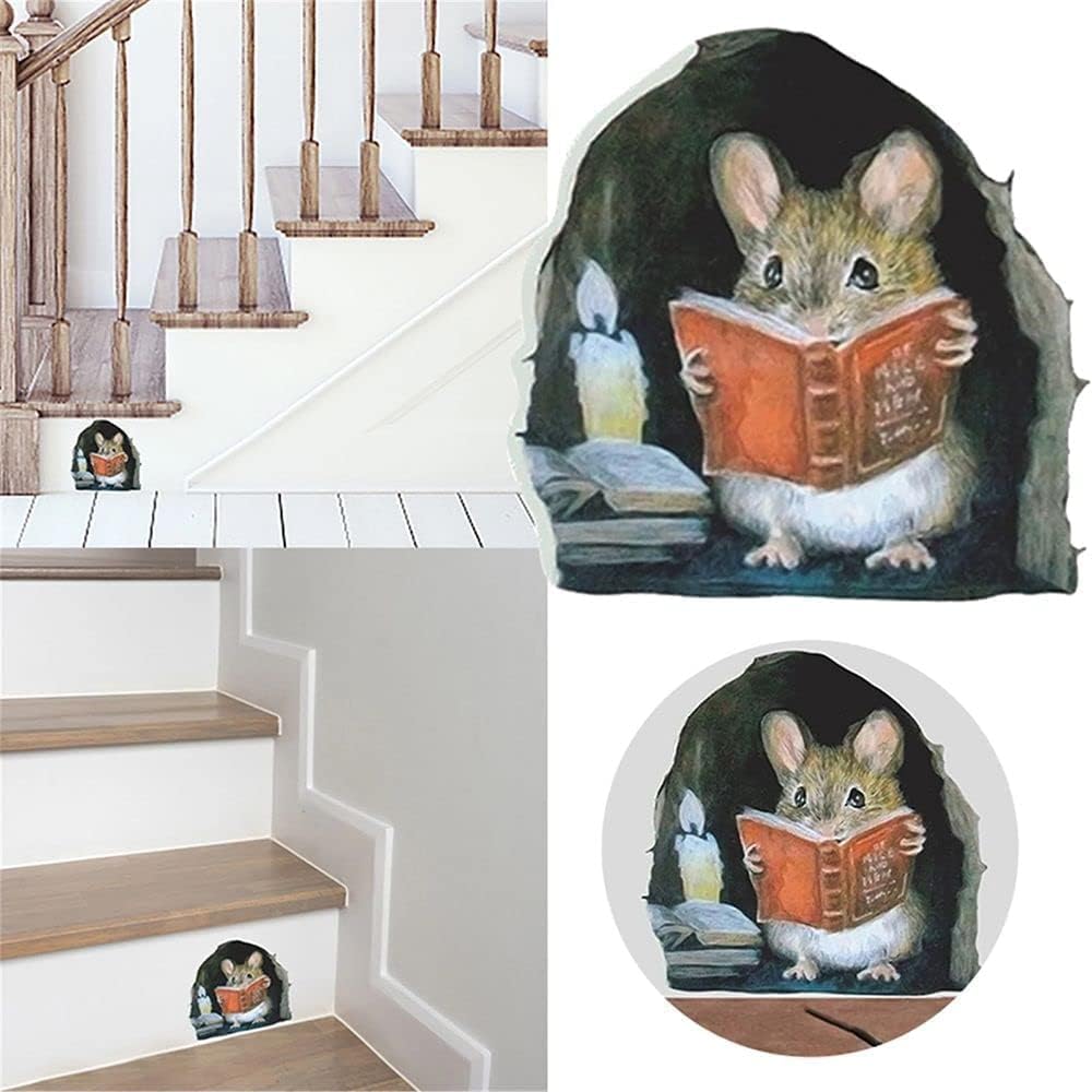 3Pcs 3D Mouse Hole Wall Stickers,Mouse Reading Book in Wall Decals Water Proof Funny Wall Stickers for Bedroom Nursery Wall Decor Murals