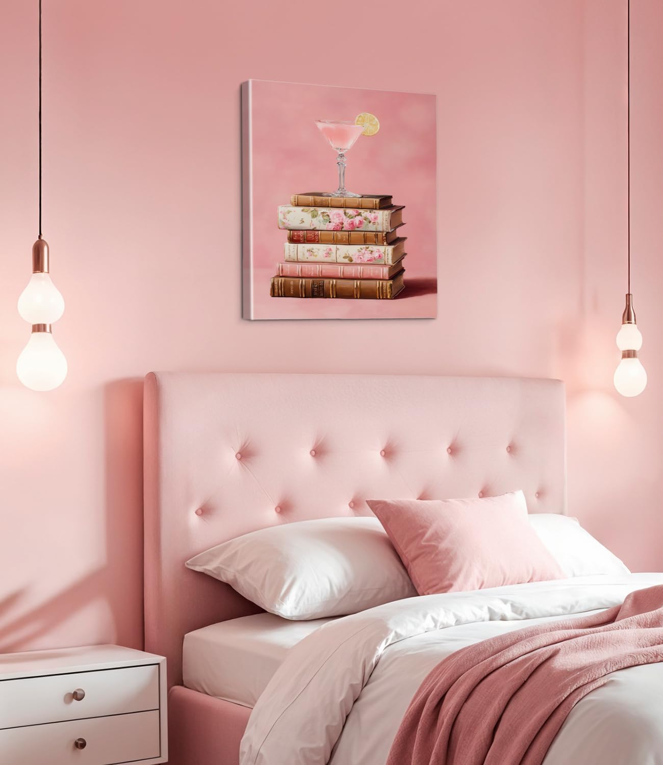 Pink Cocktail Books Wall Art Print - Preppy Stack of Books Canvas Poster Painting - Bookish Girly Wall Decor for Home Reading Nook Dorm 8x10 Inch Framed