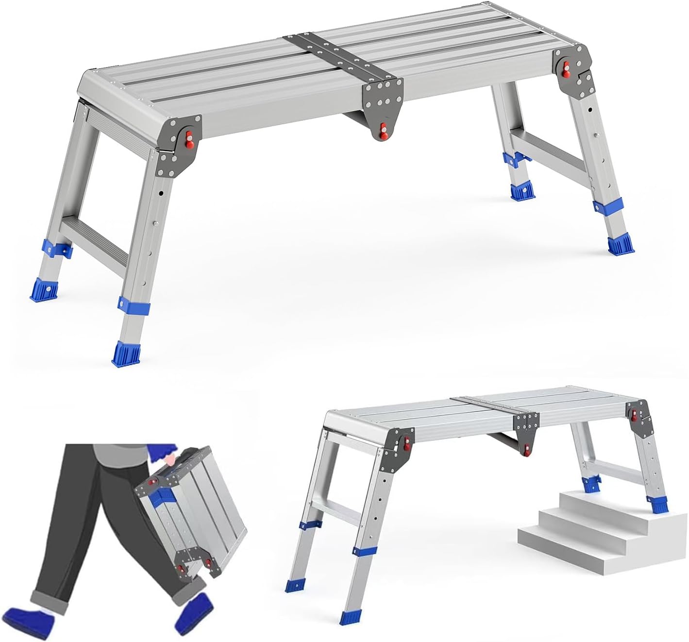 Folding Work Platform for Adults, Aluminum Foldable Step Stool Adjustable Height, Lightweight and Durable Portable Outdoor Aluminum Step Ladder, Maximum Load Capacity of 500 Pounds.