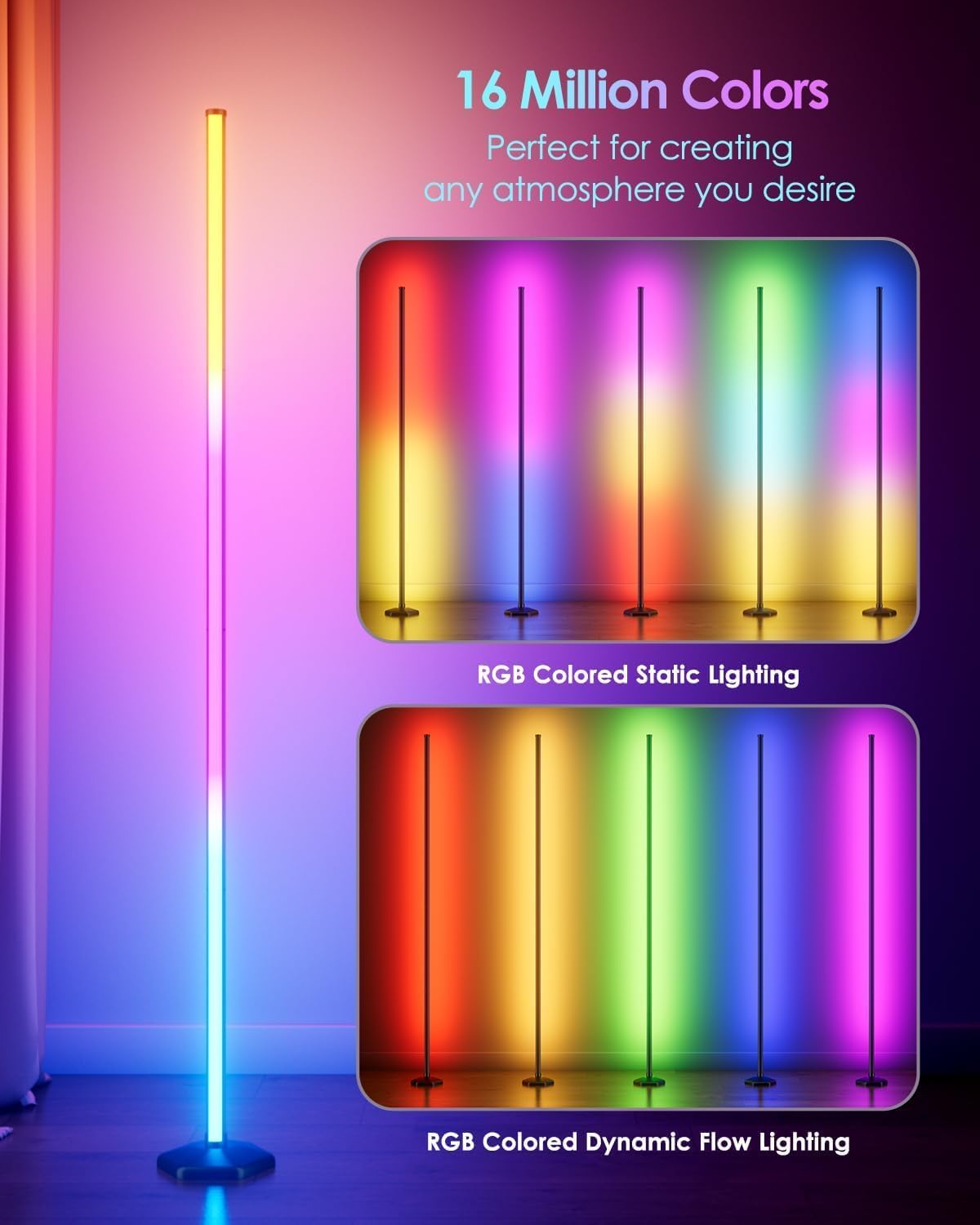 Corner Floor Lamp 2 Packs, Compatible with Alexa & Google Home, Smart RGB LED Corner Lamp with Music Sync 16M Colors 68+ Scene, APP and Remote Control, Ambient Lighting for Bedroom Living Gaming Room