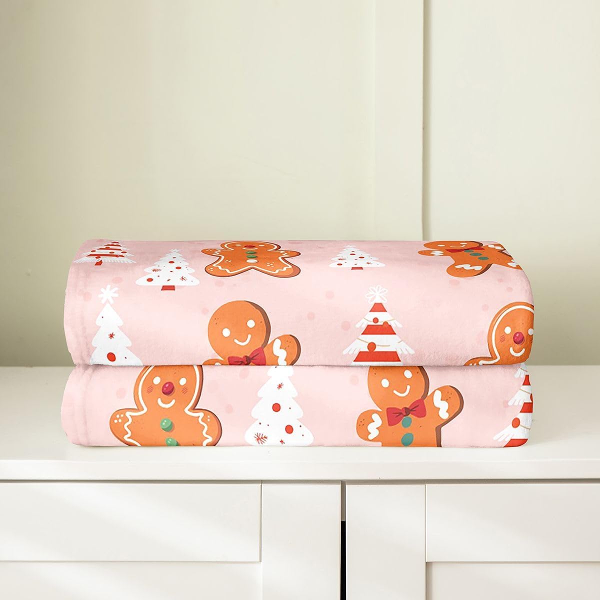 Feelyou Kids Merry Christmas Plush Throw Blanket, 40"x50" Gingerbread Man Snowman Blanket for Sofa Couch Teens Decor Pink Xmas Tree Flannel Fleece Blanket Christmas