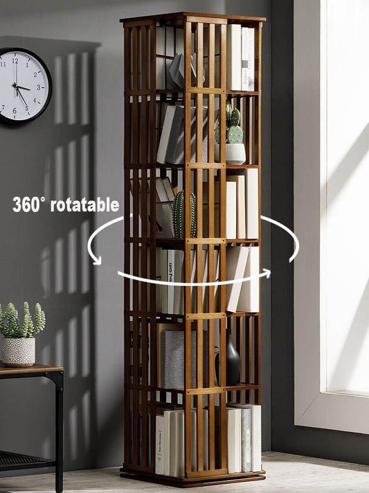5/6 Tier Bamboo Rotating Bookcase - 360° Bookshelf Tower Organizer, Corner Cabinet for Bedroom, Living Room & Office Storage, Freestanding Book Rack