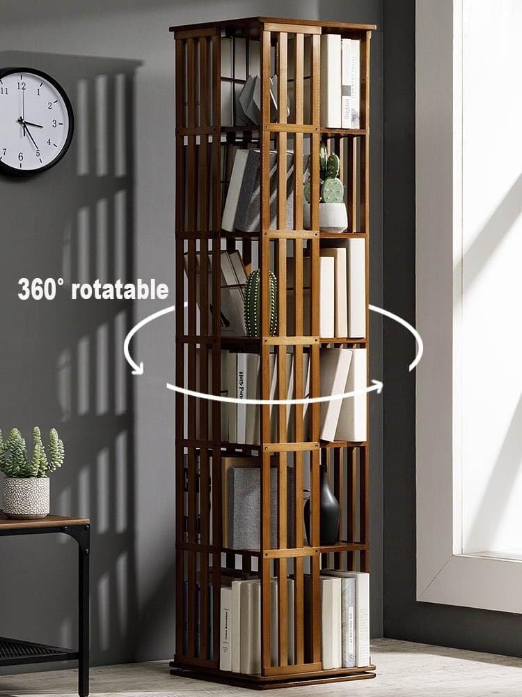 5-Tier Rotating Bamboo Bookcase - 360° Bookshelf Tower, Freestanding Storage Organizer for Bedroom, Living Room, Office - Stylish Corner Cabinet Book Rack
