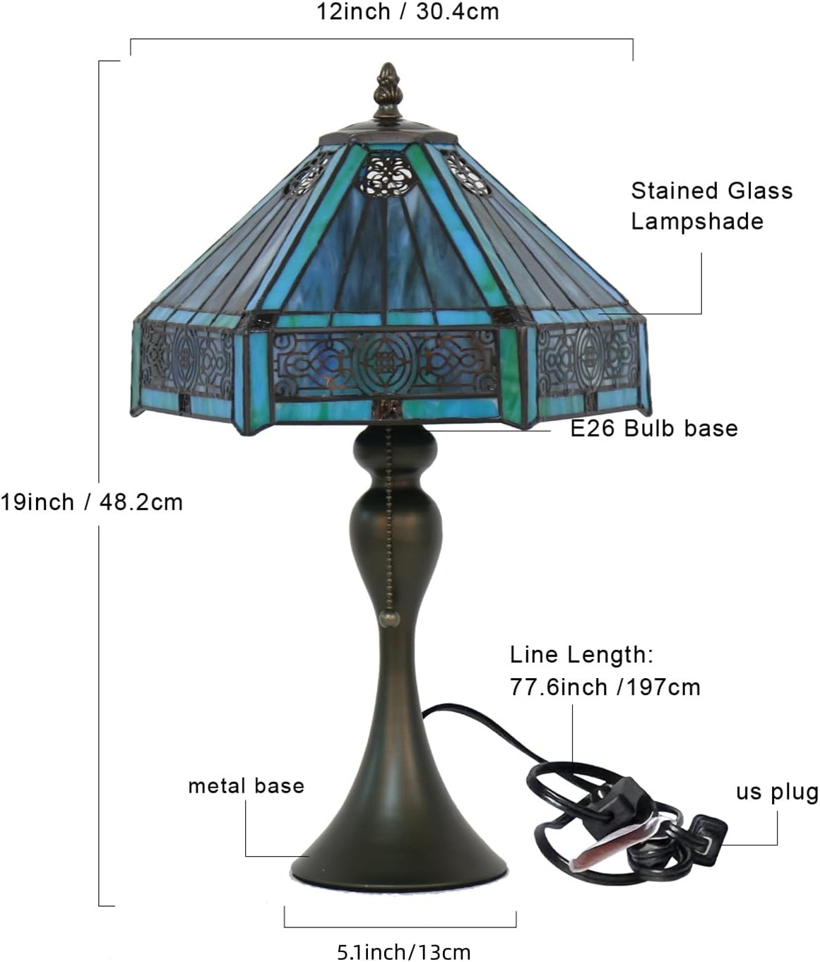 Tiffany Style Table Lamp, Stained Glass Lamp, 12x12x19 Inch, Vintage Metal Base Desk Light,（Green）