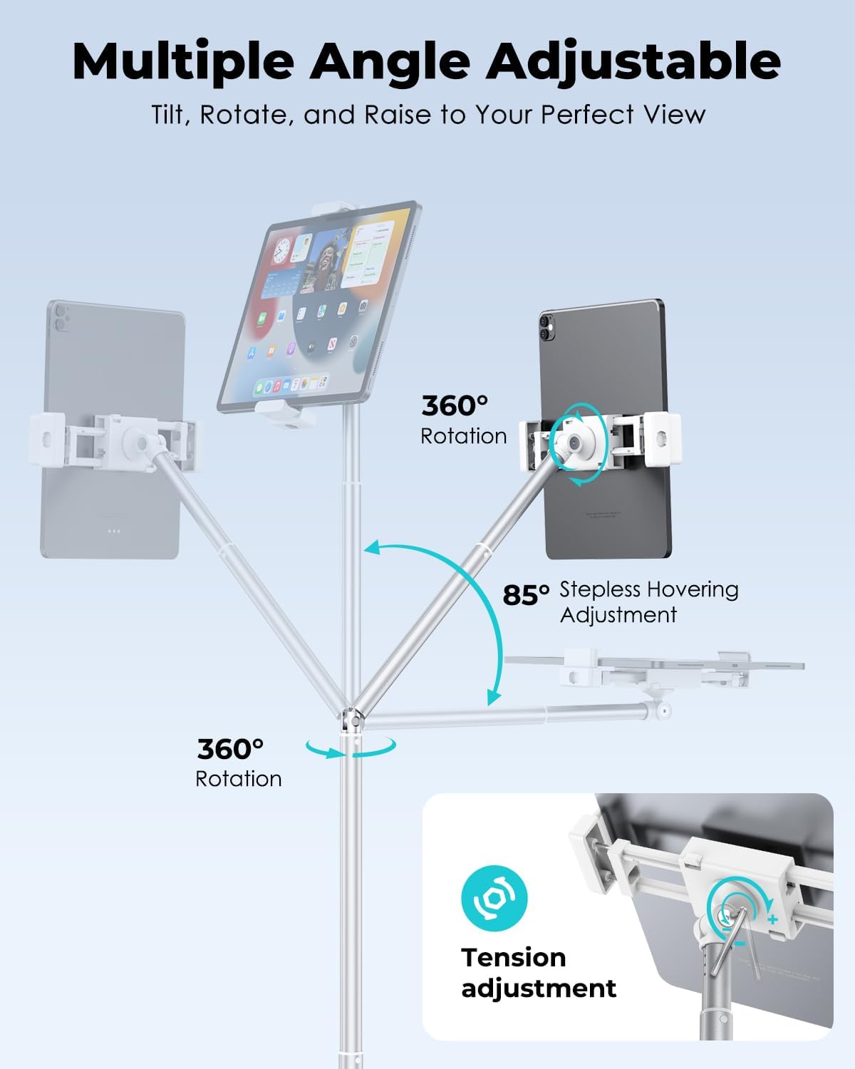 Viozon Tablet Floor Stand, Height & Angle Adjustable Tablet Holder with Aluminum Alloy Arm Tube, 360° Rotation for Bed, Sofa, Desk, Compatible with 3.5-11'' iPad Pro/Air/Mini, iPhone 15/14, Kindle.