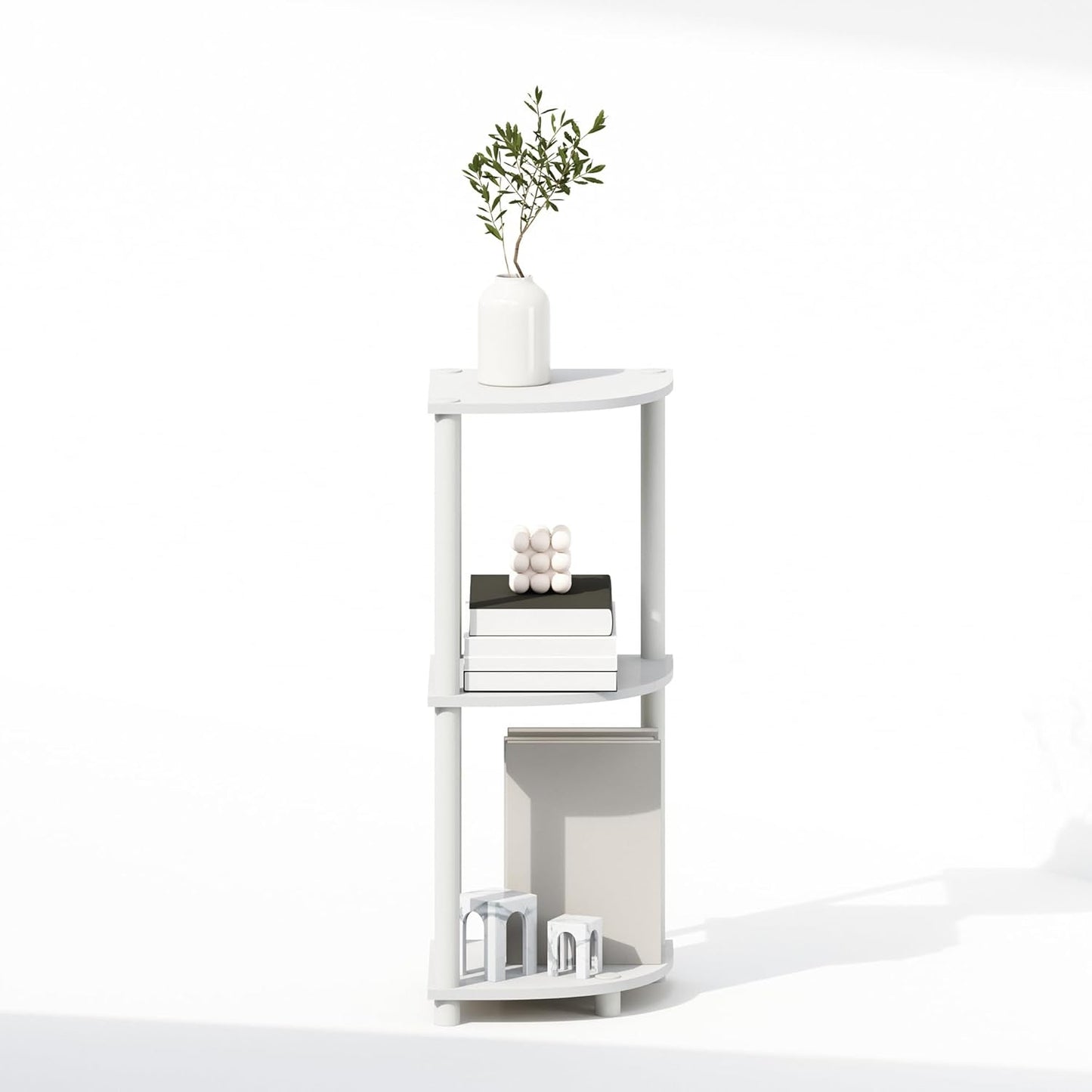 Furinno Turn-N-Tube Corner Shelf, 3-Tier Corner Bookshelf, Display Storage Shelves with Open Shelves, for Organization and Storage, Living Room, Home Office, Garage, White