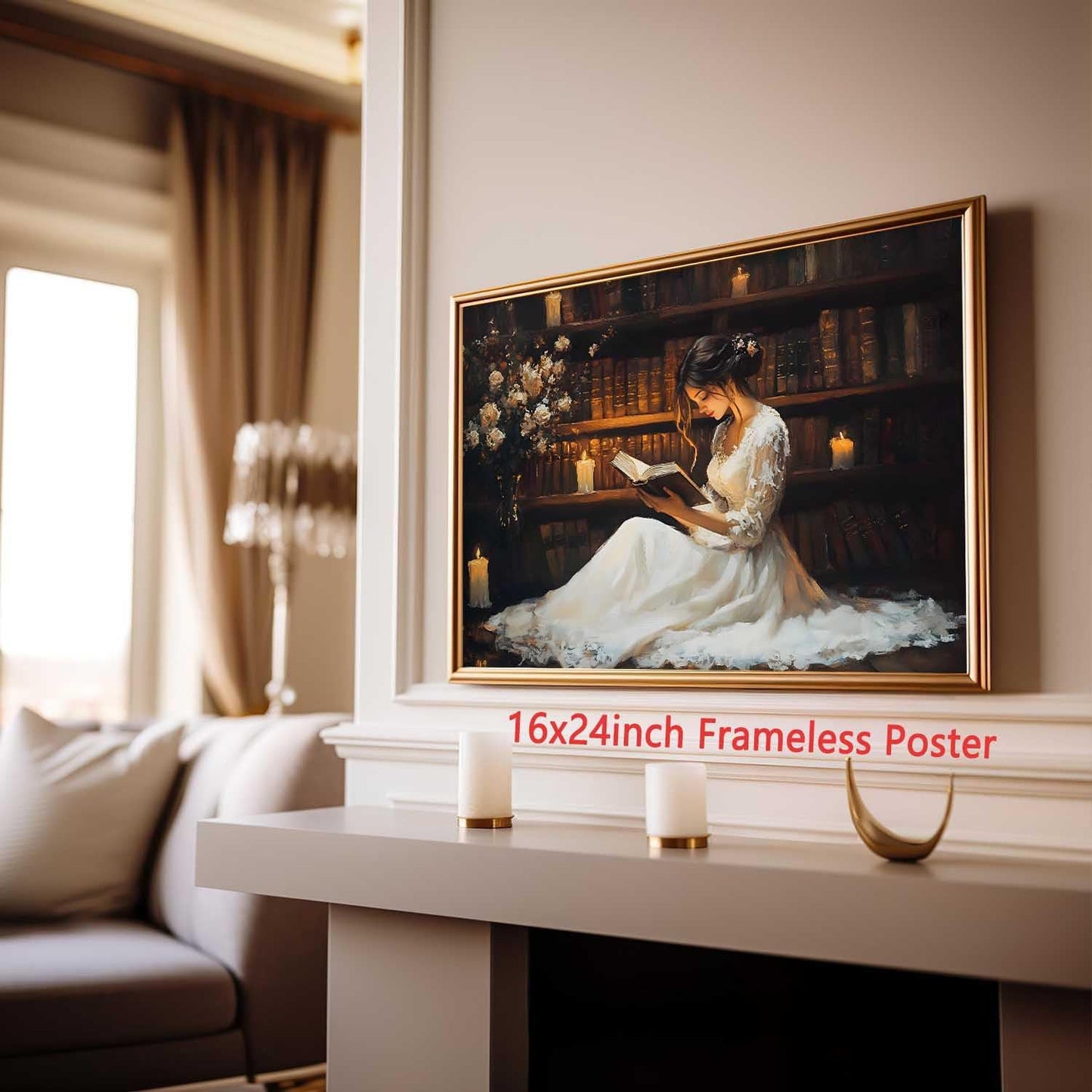 Frameless Poster16x24in Medieval Castle Vintage Moody Library Wall Art Victorian Girl Woman Reading Painting Book Lover Pictures Bookshelf Painting Dark Academia Library Prints Vintage Book Posters