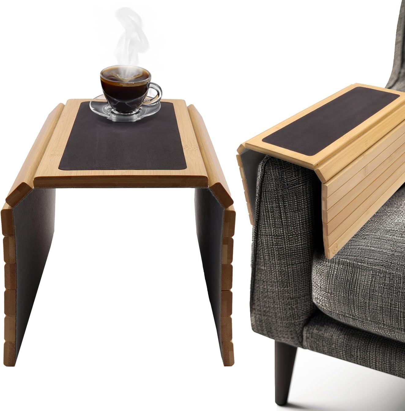 Bamboo Sofa Arm Tray: Sustainable Drink Holder & Organizer - Non-Slip Couch Armrest Protector with Coaster Functionality