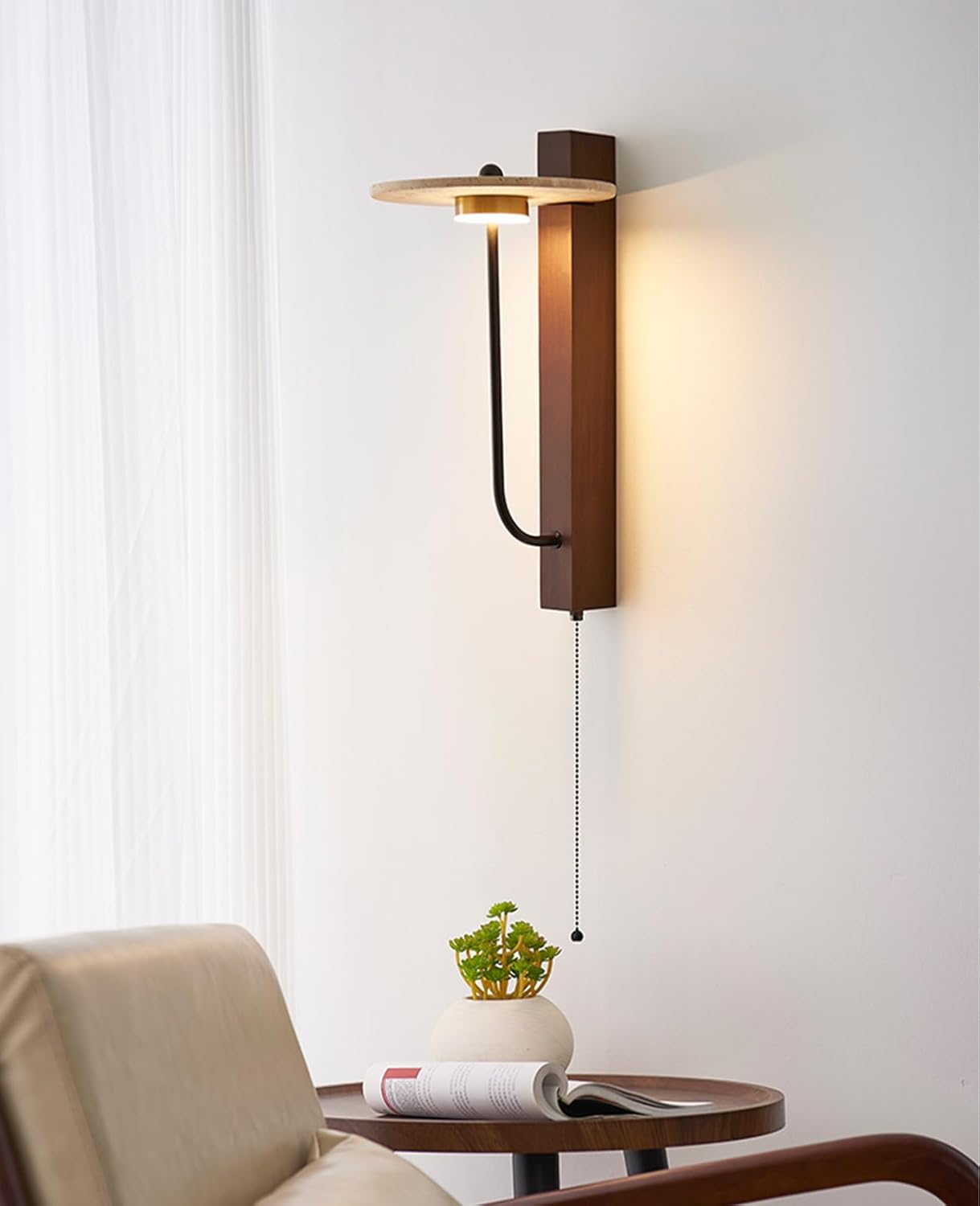 Yellow Travertine Wall Sconce, 15.7" Japanese Vintage Wabi Sabi Light Fixture with Natural Stone Lampshade Pull Cord Switch Wood Base, Art Deco Wall Sconces for Bedside Bedroom Kitchen Island