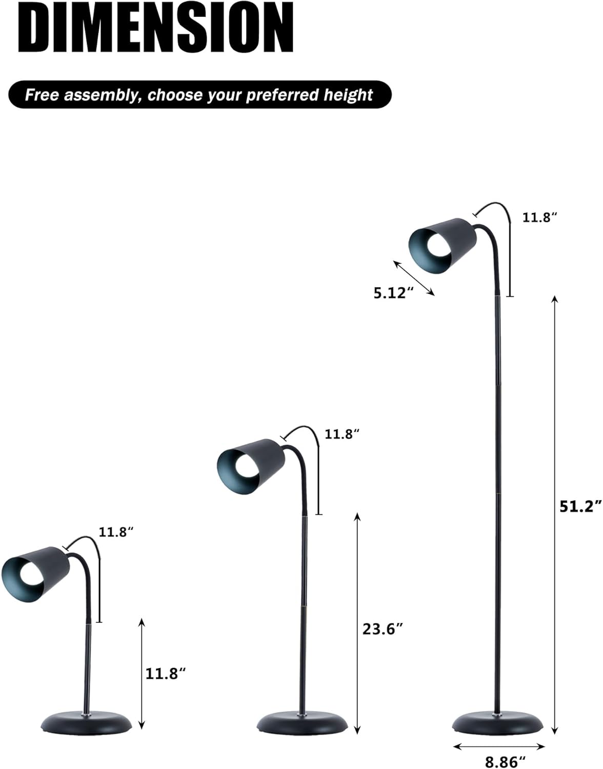 AoMck Floor Reading Lamp, Industrial Standing Lamps for Living Room with Adjustable Bendable, 2 in 1 Reading Table Lamps for Living Room Bedroom Office, 12W LED Bulb Included (Black Poles)