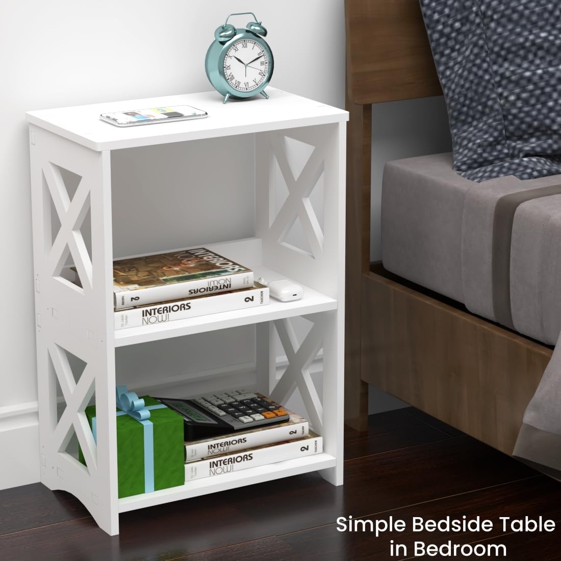 LUCKNOCK Narrow Side Table with Storage, 3-Tier Slim Nightstand for Small Spaces, White Modern End Table, Bedside Table, Bookshelf for Living Room, Bedroom, Bathroom and Office.